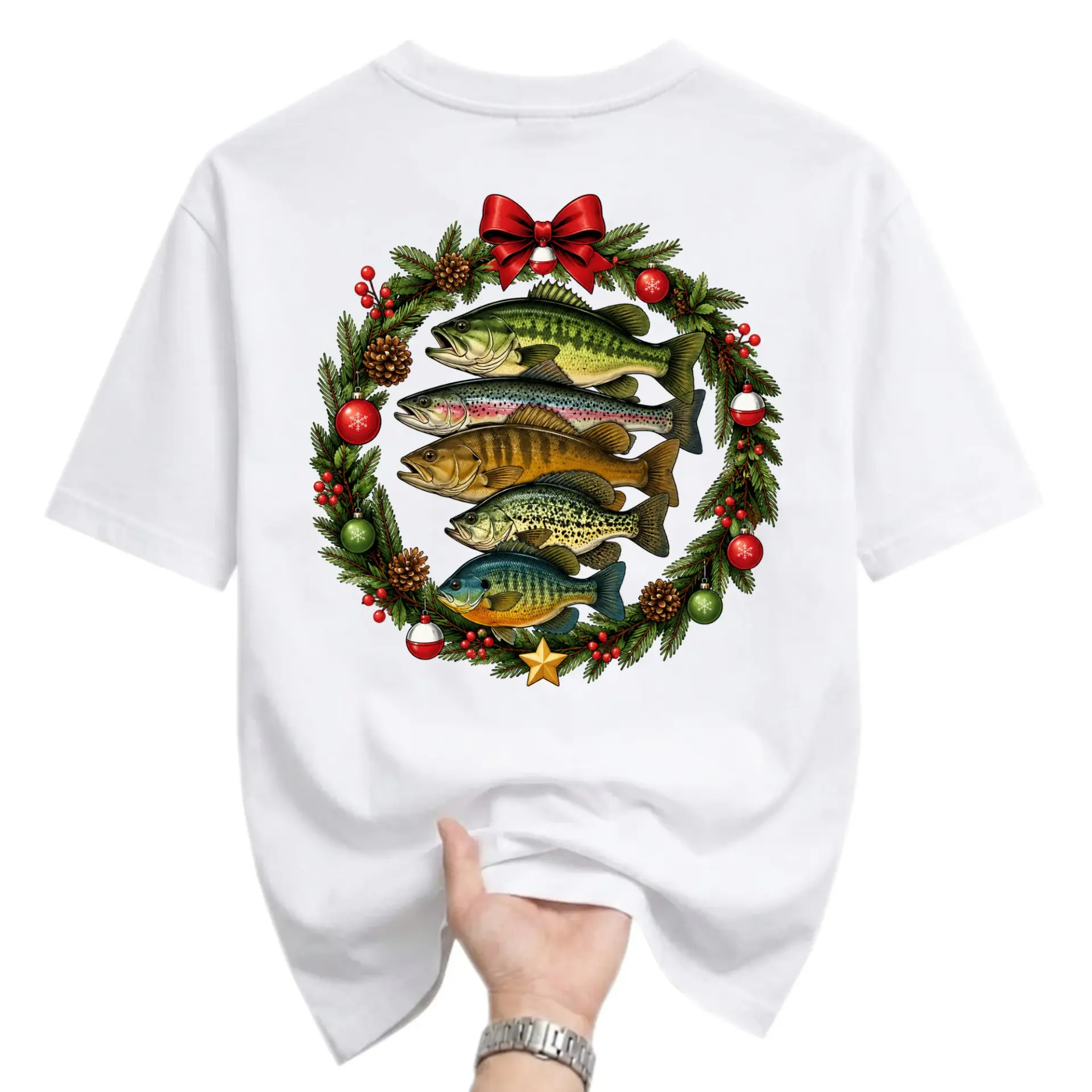 Graphic Tee Featuring a Christmas Wreath Made of Various Fish Species Artistic Unisex Casual Crew Neck T-Shirt