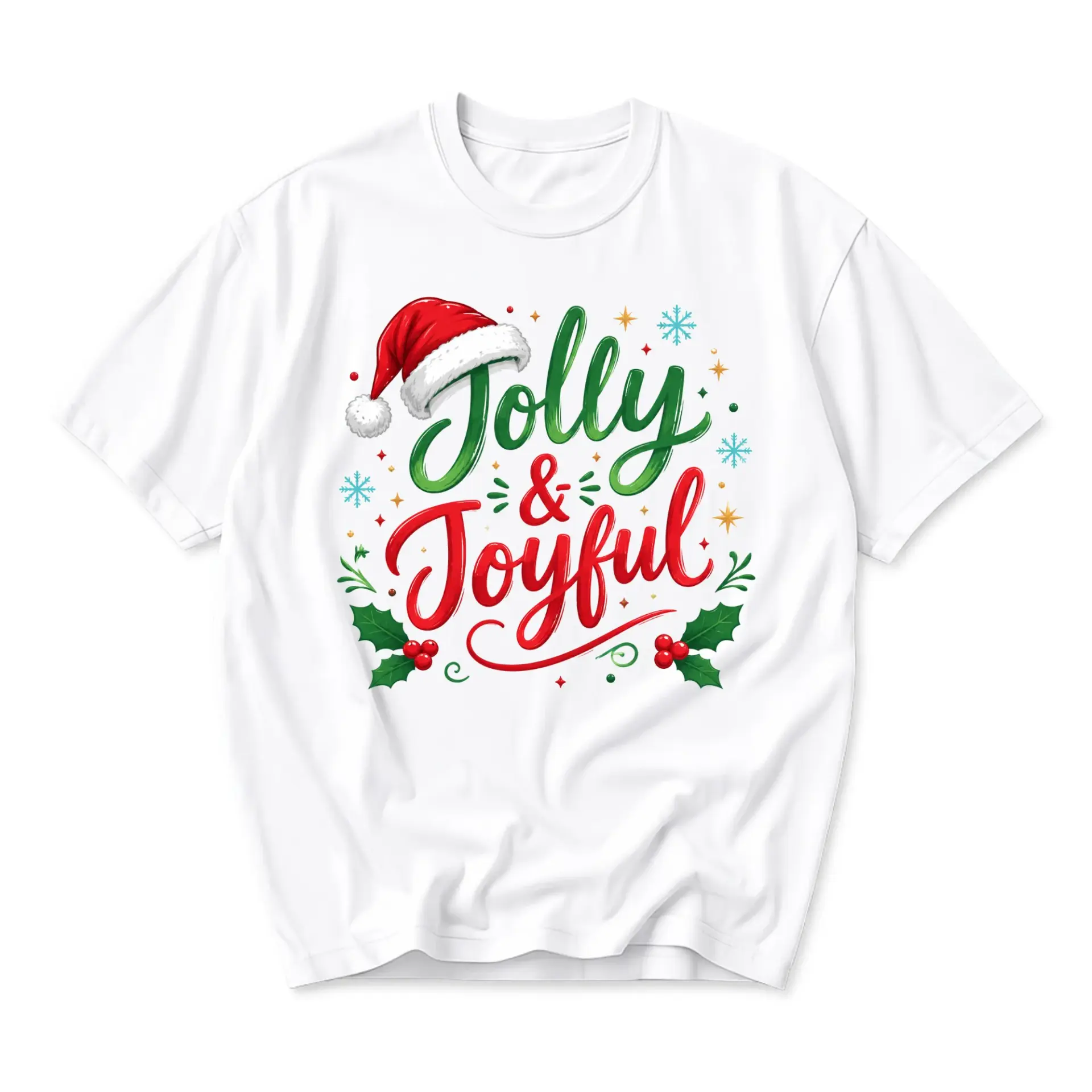 Graphic Tee Jolly and Joyful Holiday Christmas Script Text with Santa Hat Print Unisex Casual Crew Neck T-Shirt