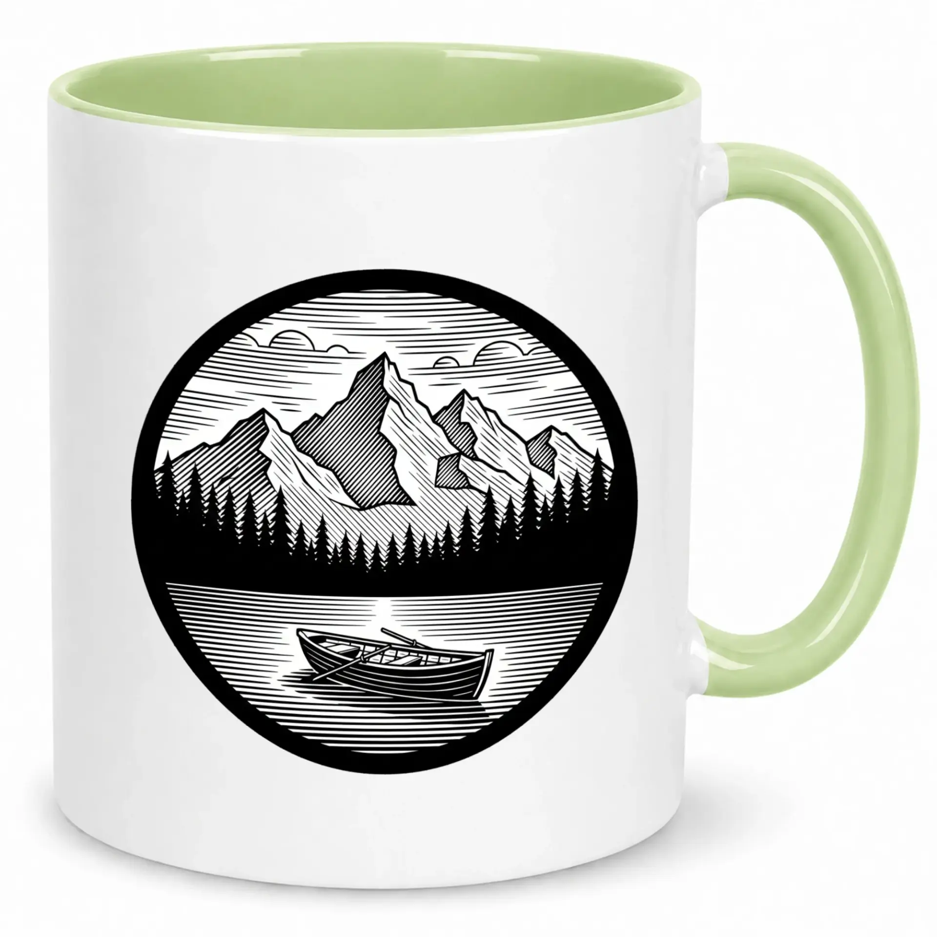 Ceramic Coffee Mug with Mountain Lake Landscape Design, White with Green Handle and Interior, Outdoor Nature Scene Drinkware Gift