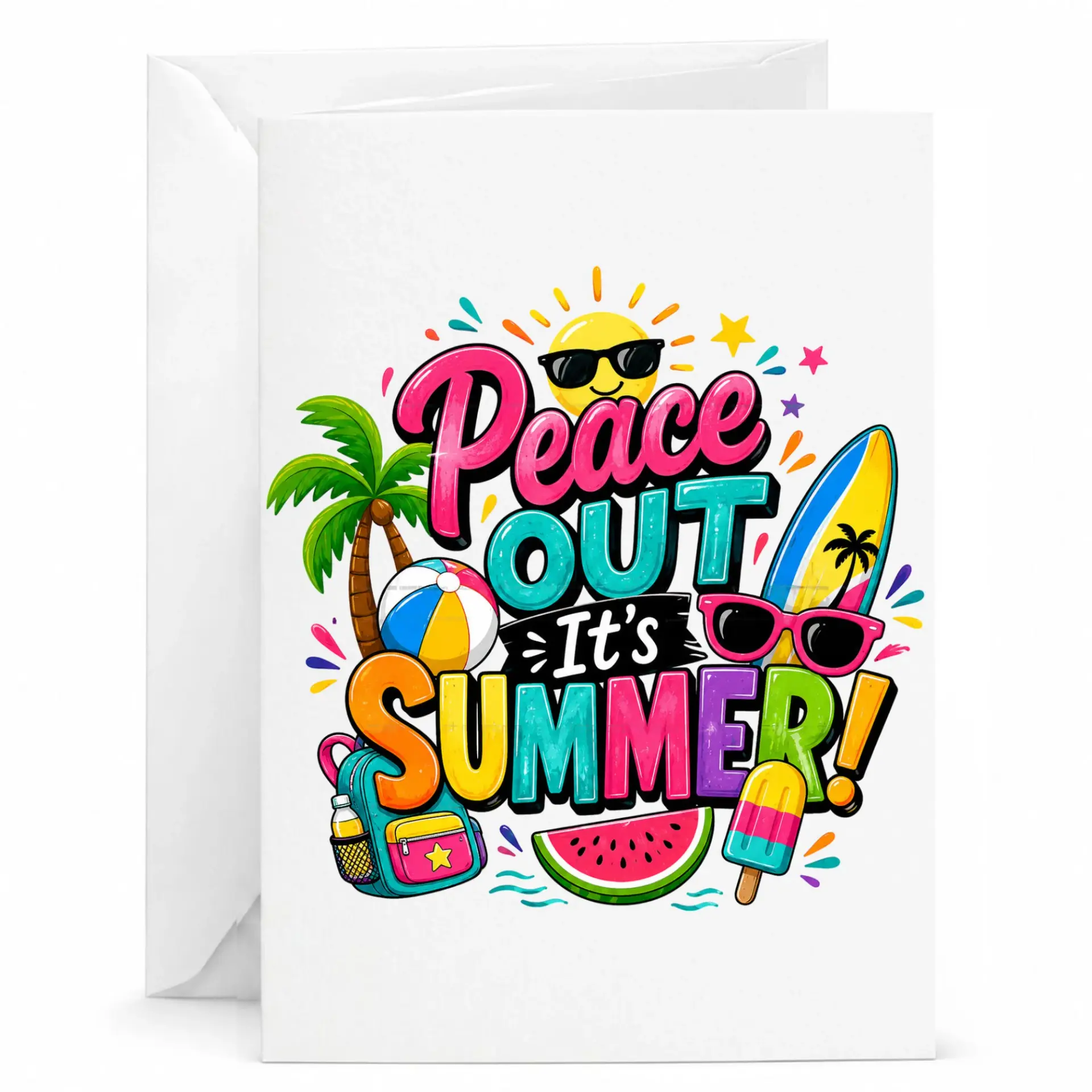 Greeting Card Peace Out It's Summer Colorful Tropical Beach Theme Illustration with Popsicle and Surfboard Design