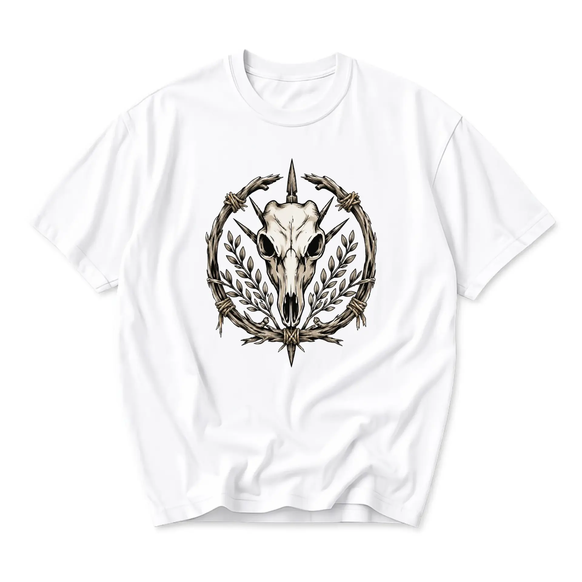 Graphic Tee Unisex Crew Neck T-Shirt Featuring Detailed Animal Skull in a Branch Wreath Artistic Illustration White