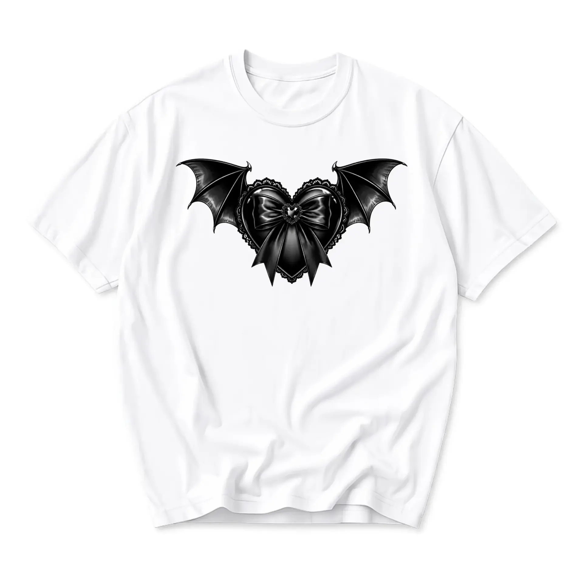Graphic Tee Gothic Bat Wing Heart Bow Design Unisex Short Sleeve Cotton Crew Neck Shirt for Casual Everyday Wear