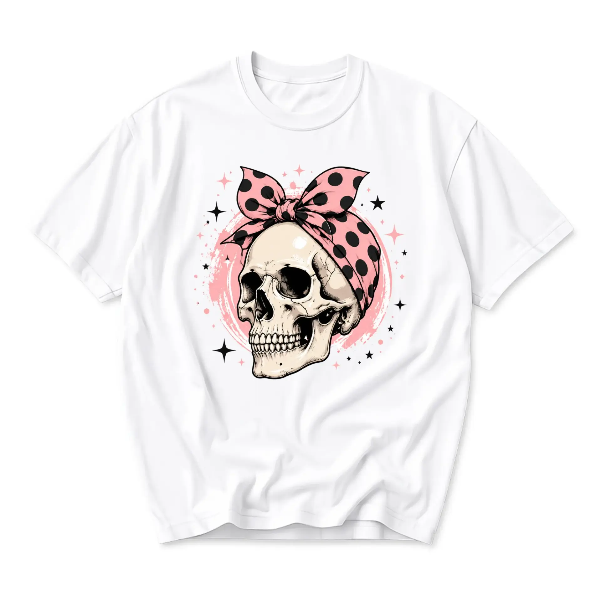 Graphic Tee Skull with Pink Polka Dot Bow Unisex Crew Neck Casual Everyday Shirt for Comfortable Self Expression Wear