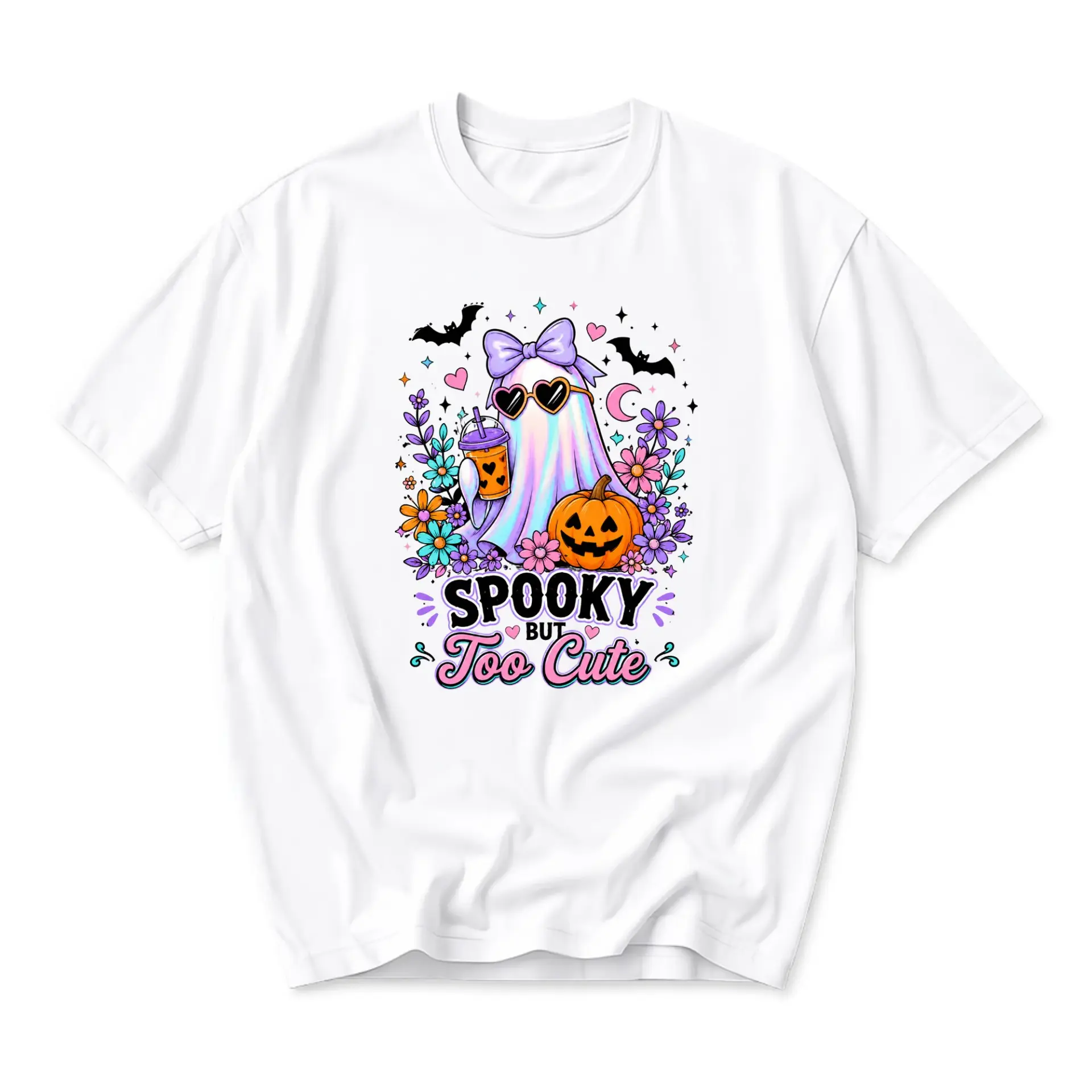 Graphic Tee Spooky but Too Cute Ghost T-Shirt Casual Unisex Short Sleeve Crew Neck Seasonal Fall Autumn Holiday Apparel