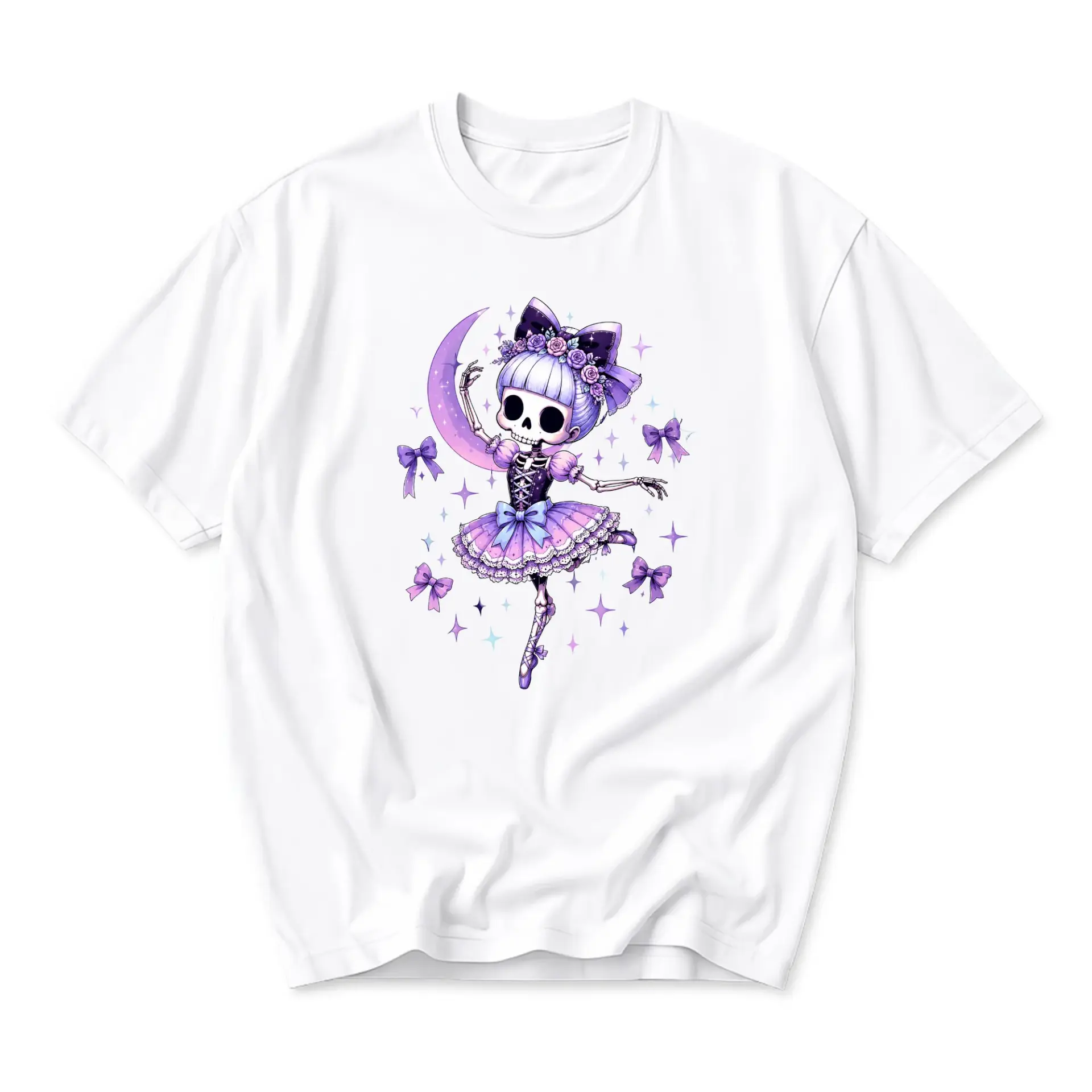 Graphic Tee Unisex Short Sleeve Crew Neck Shirt Featuring a Whimsical Skeleton Ballerina Design in Purple Tones
