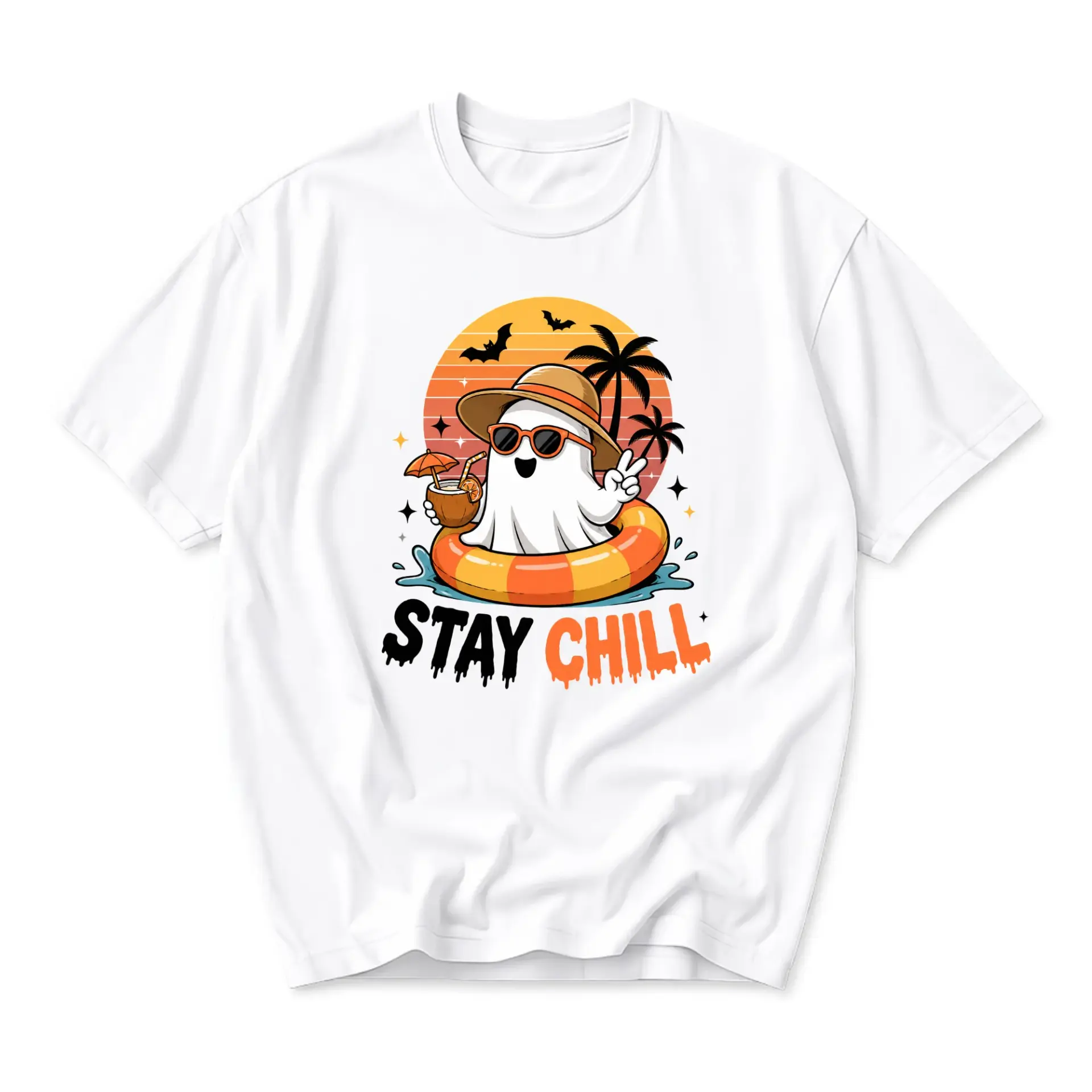 Funny Shirt Stay Chill Ghost Graphic Tee Summer Vacation Theme Unisex Crew Neck Casual Cotton Blend Apparel