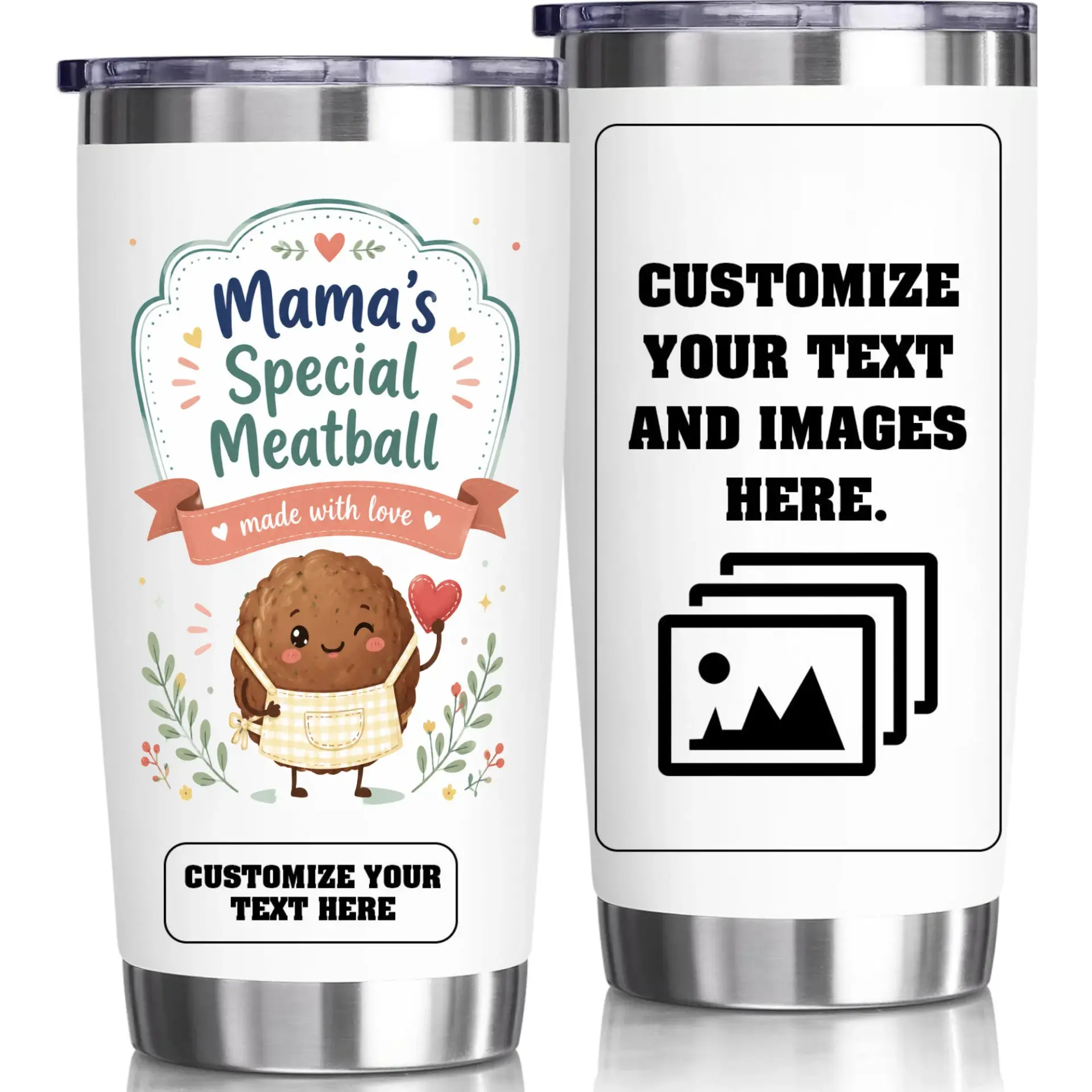 Stainless Steel Tumbler 20oz Insulated Cup for Mom with Custom Meatball Graphic Personalized Travel Drinkware