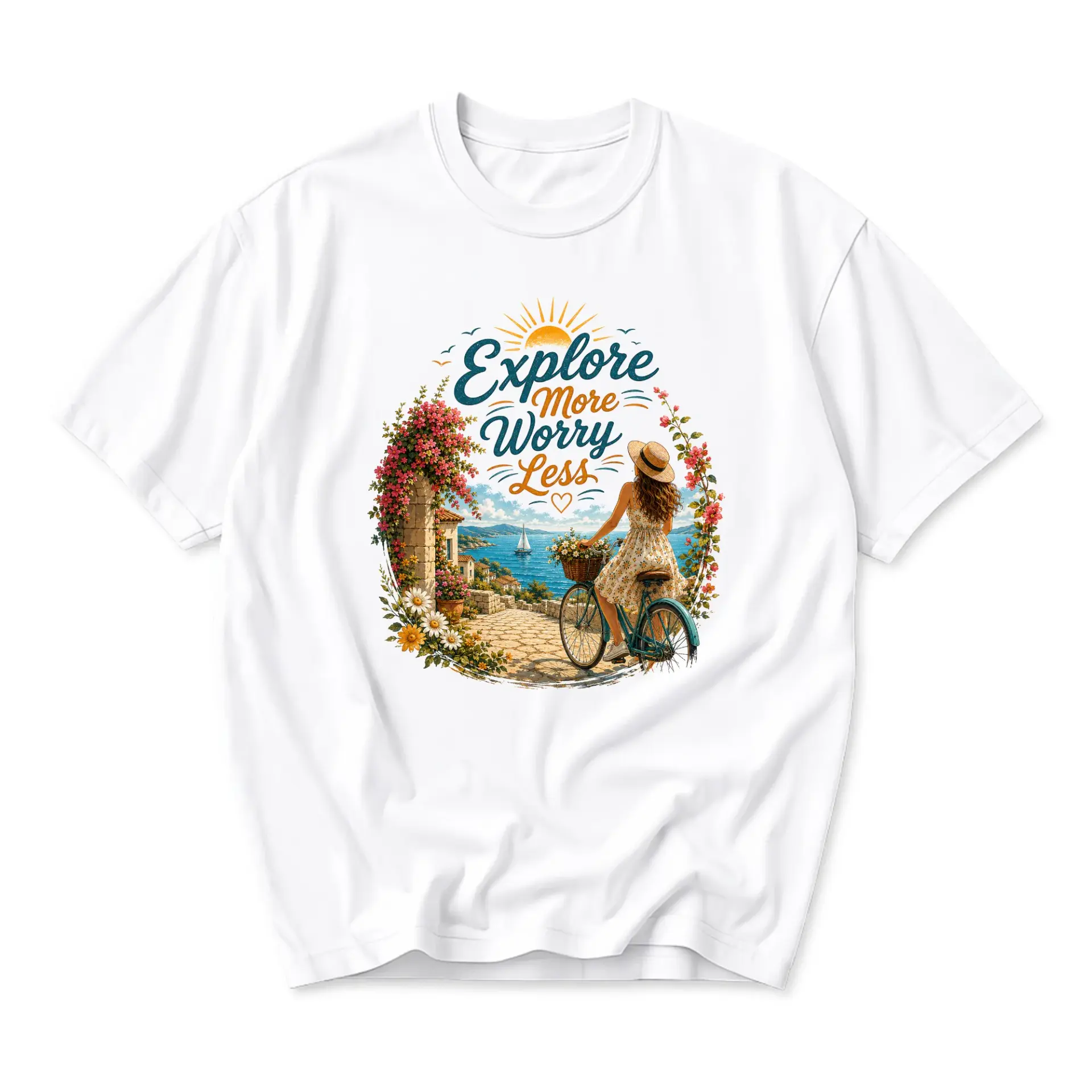 Graphic Tee Explore More Worry Less Print Summer Coastal Scene Unisex Short Sleeve Crew Neck Casual Cotton Blend Shirt