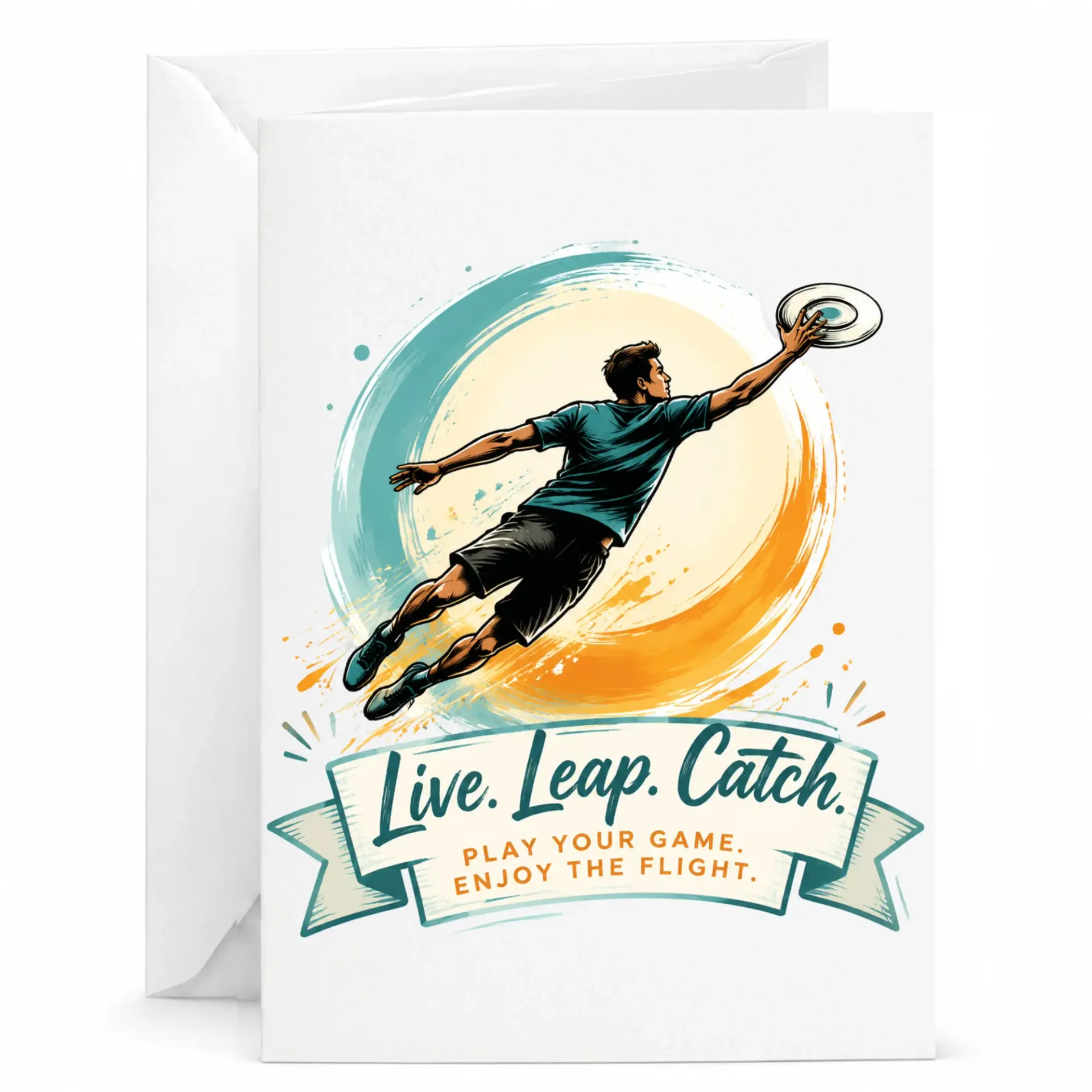 Greeting Card Featuring Flying Disc Athlete Illustration with Inspiring Sports Quote for Enthusiasts and Players