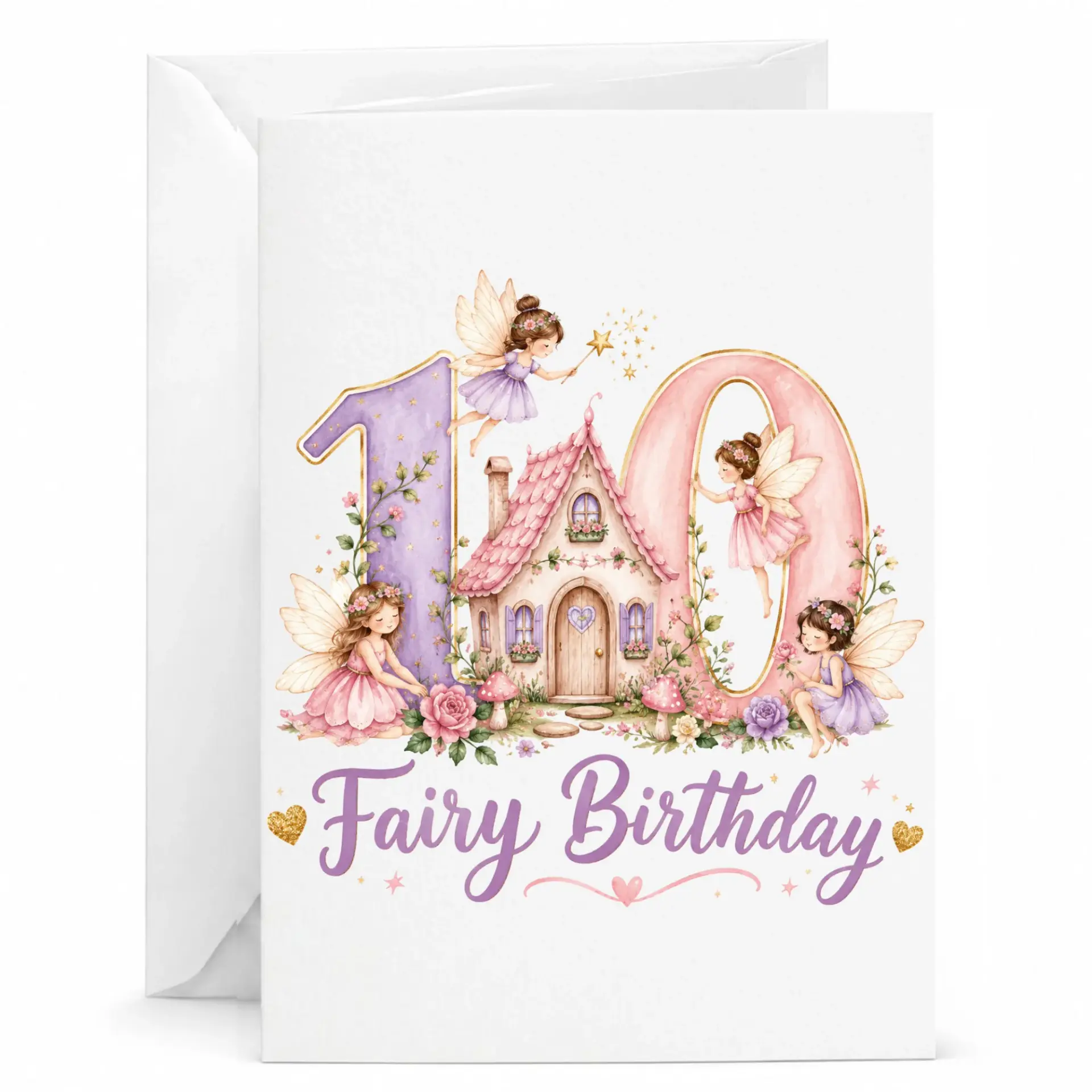 Birthday Card Fairy Theme Number 10 Illustration Premium Greeting for Milestone with White Envelope