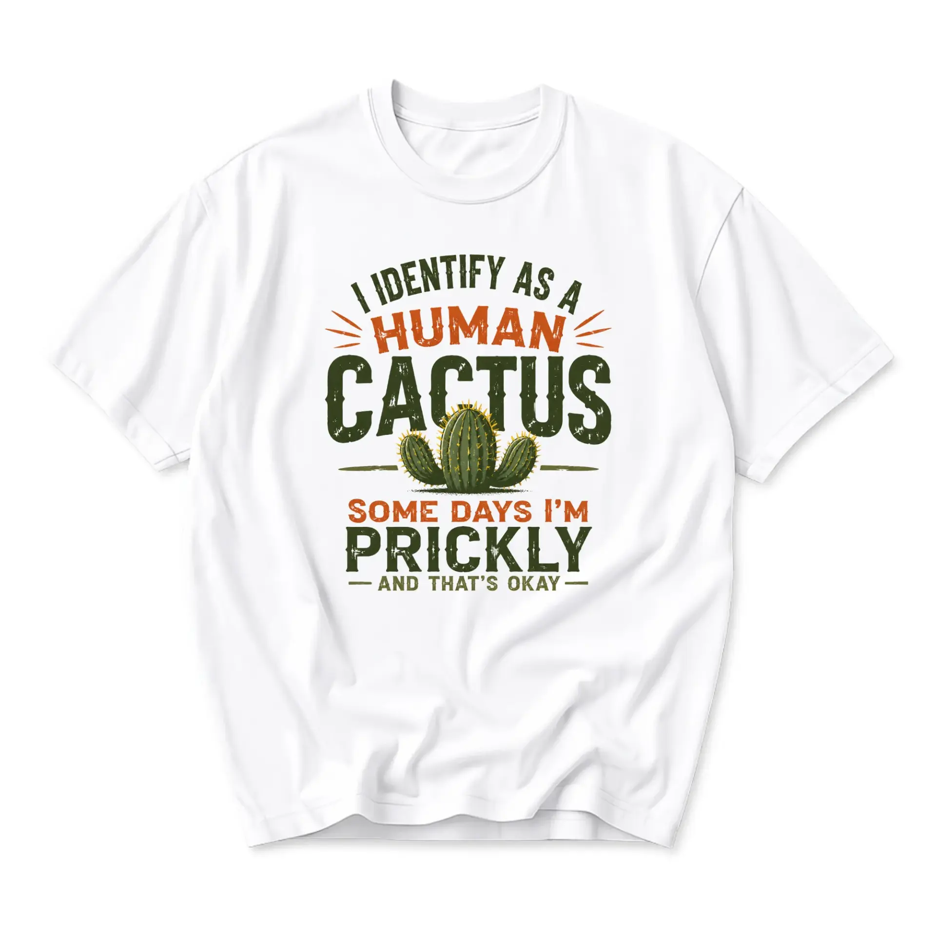 Funny Shirt I Identify as a Human Cactus Prickly Graphic Tee Unisex Casual Short Sleeve Crew Neck Cotton Blend Top