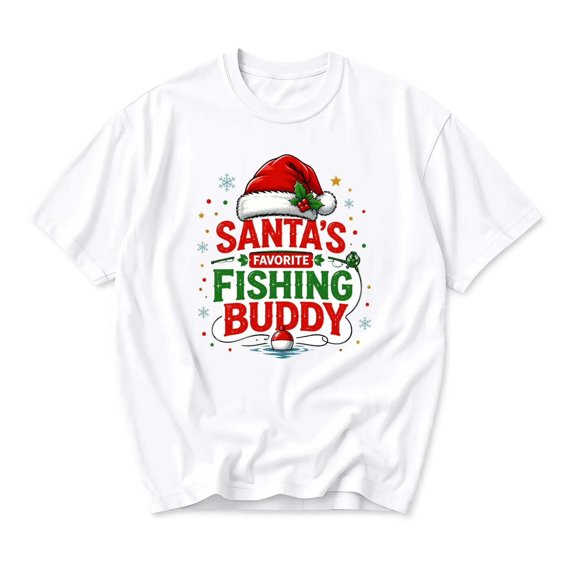 Funny Shirt Santa's Favorite Fishing Graphic Tee Holiday Christmas Apparel Casual Unisex Crew Neck T-Shirt