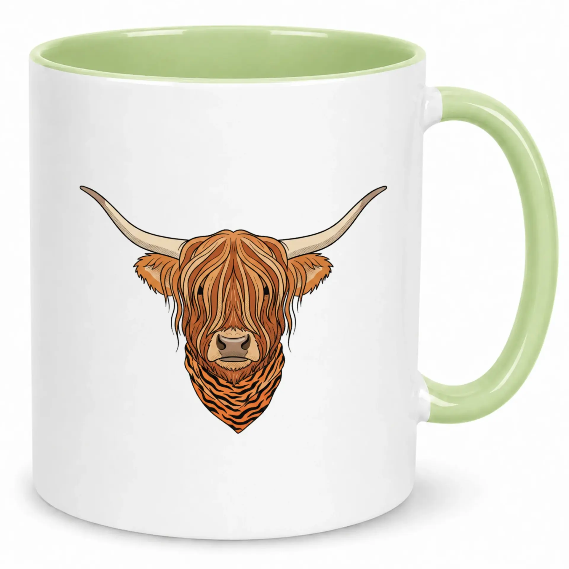 Highland Cow Coffee Mug Durable White Ceramic Beverage Cup with Light Green Handle and Interior Unique Farm Animal Design Drinkware for Home Office