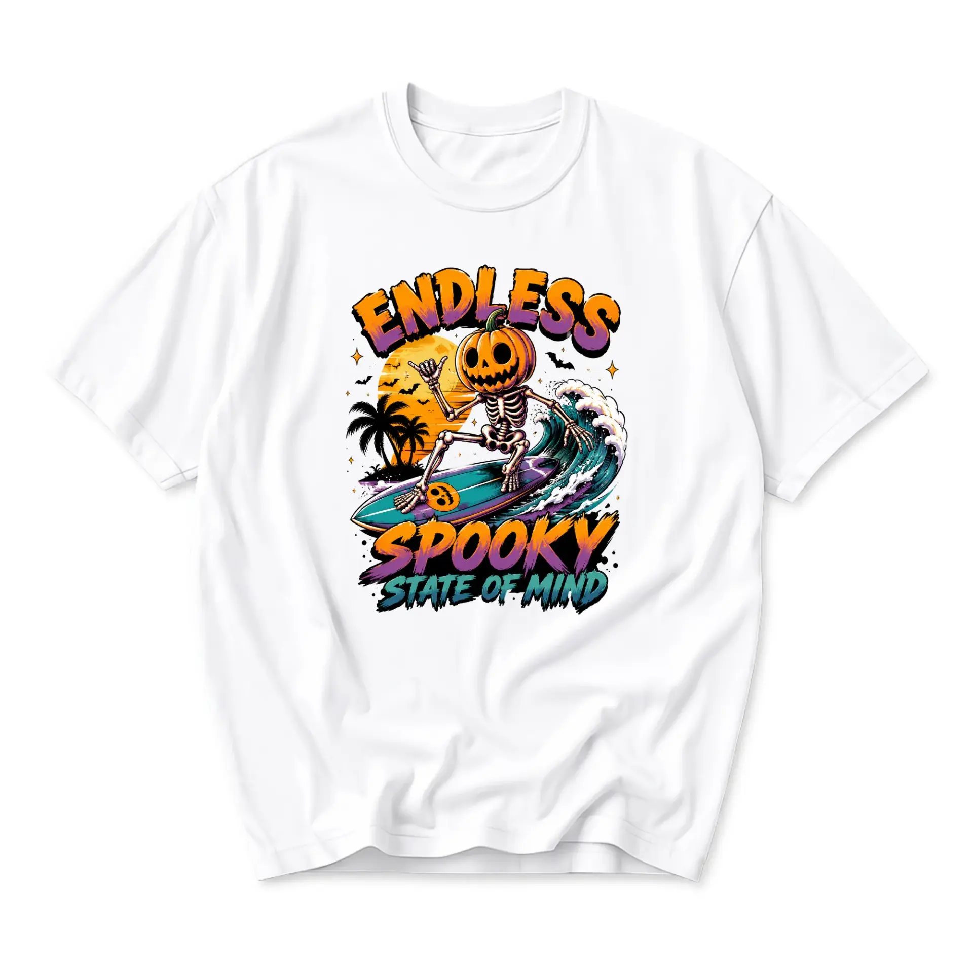 Graphic Tee Endless Spooky State of Mind Pumpkin Skeleton Surfing Design Unisex Crew Neck Casual Cotton Blend T-Shirt