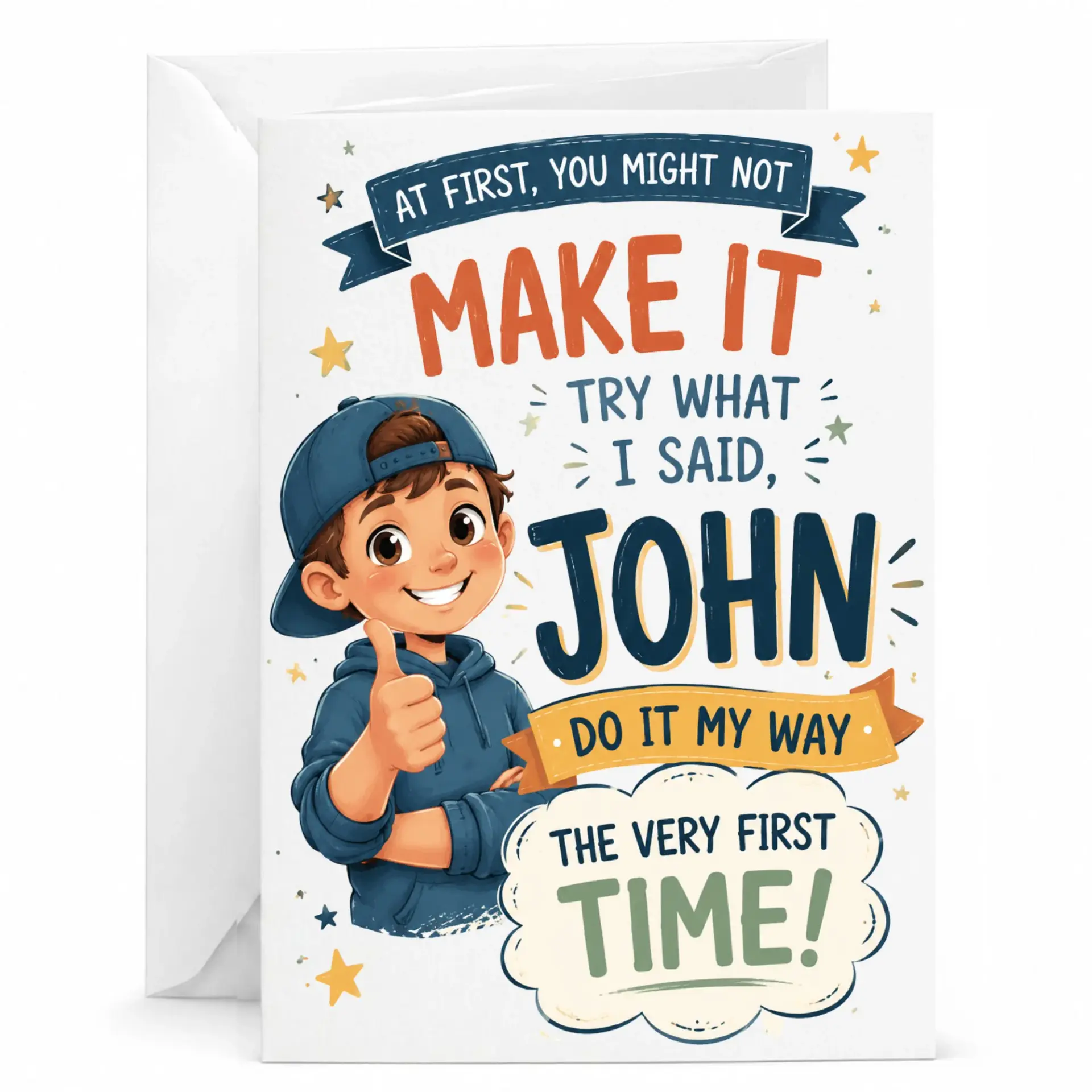 Funny Greeting Card for John Featuring Cartoon Character Design with Playful Message for Friends or Coworkers