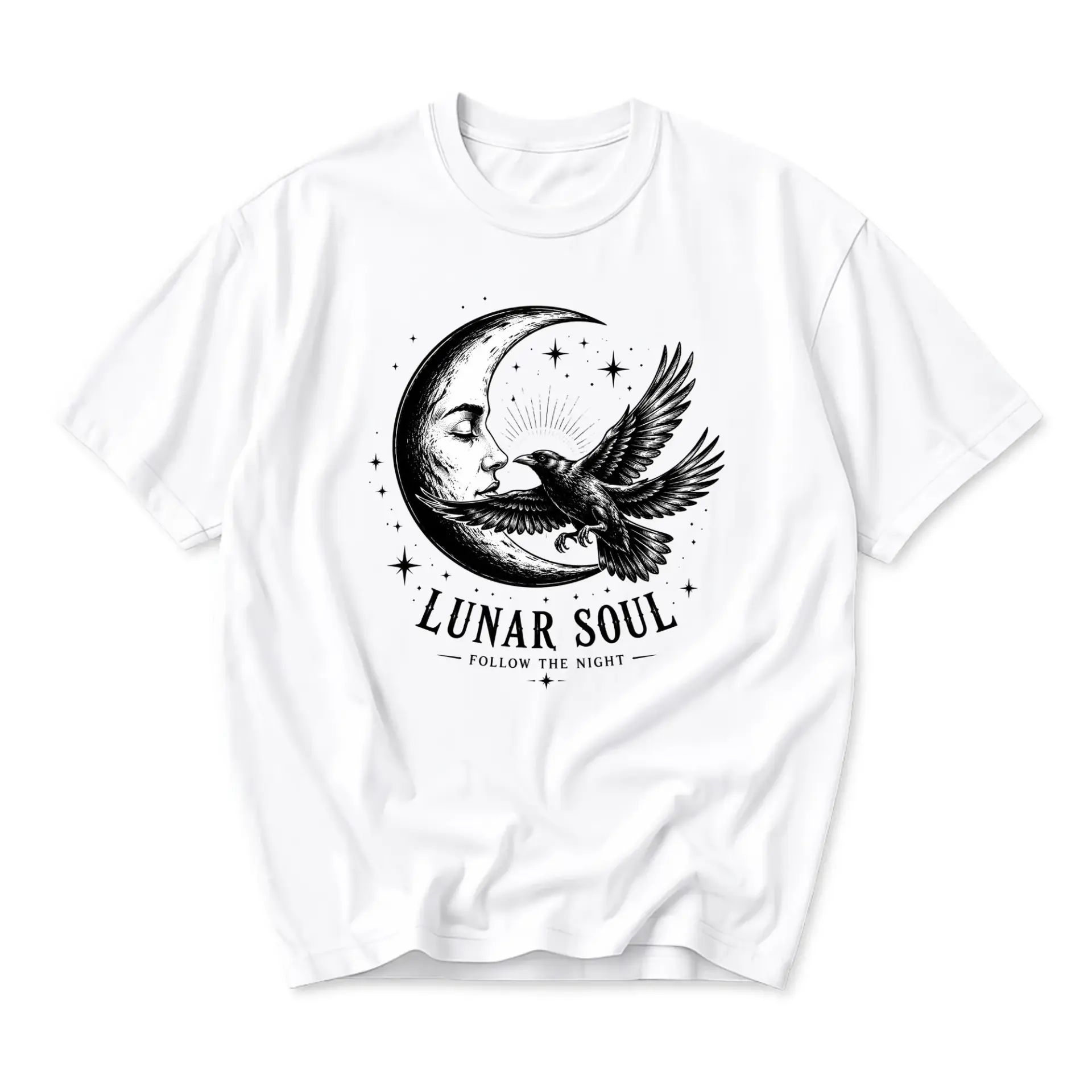 Graphic Tee Lunar Soul Crow and Moon Celestial Design Unisex Cotton Casual Crew Neck Short Sleeve Top for Everyday Wear