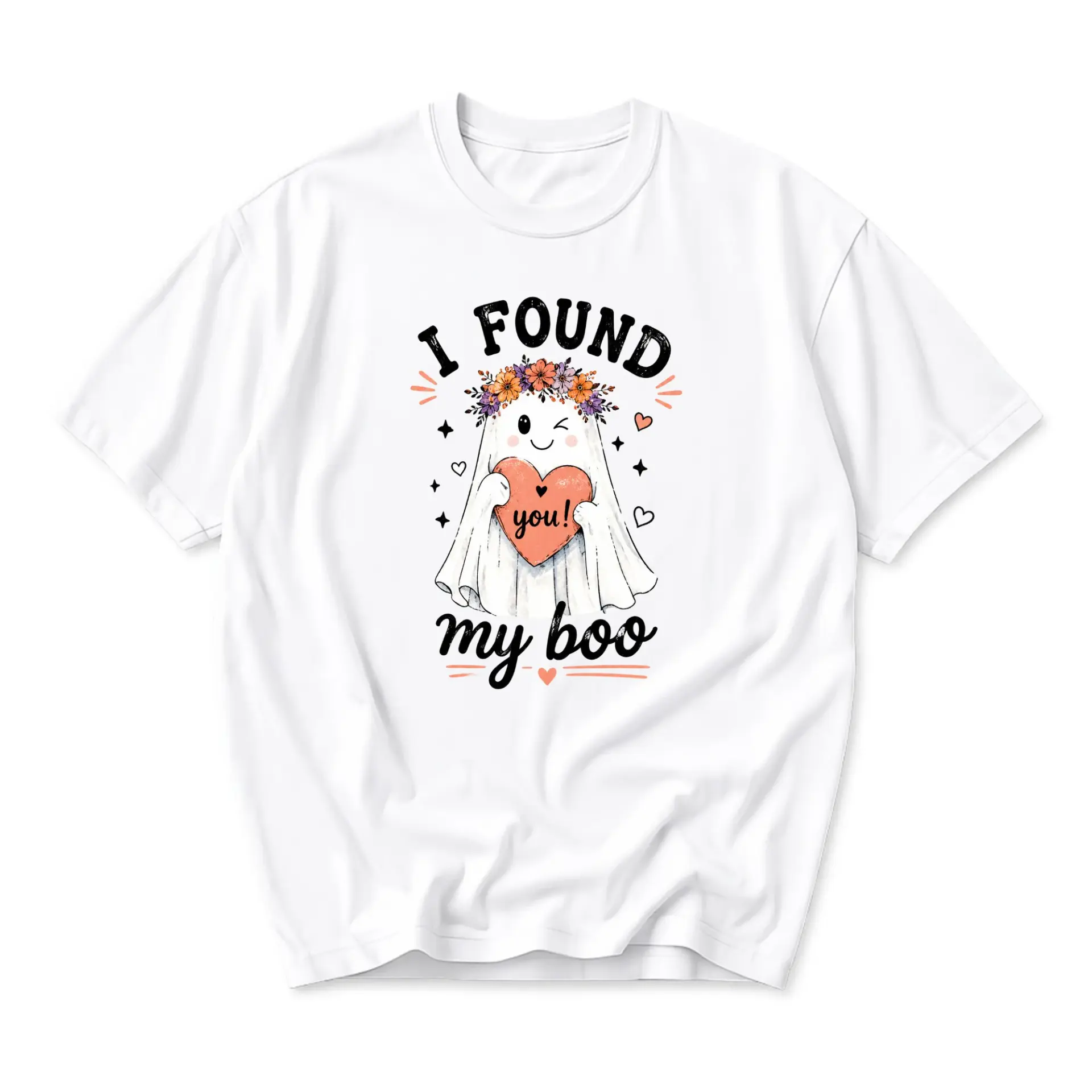 Funny Shirt I Found My Boo Ghost Graphic Tee Romantic Seasonal Apparel for Couples Casual White Cotton Crew Neck