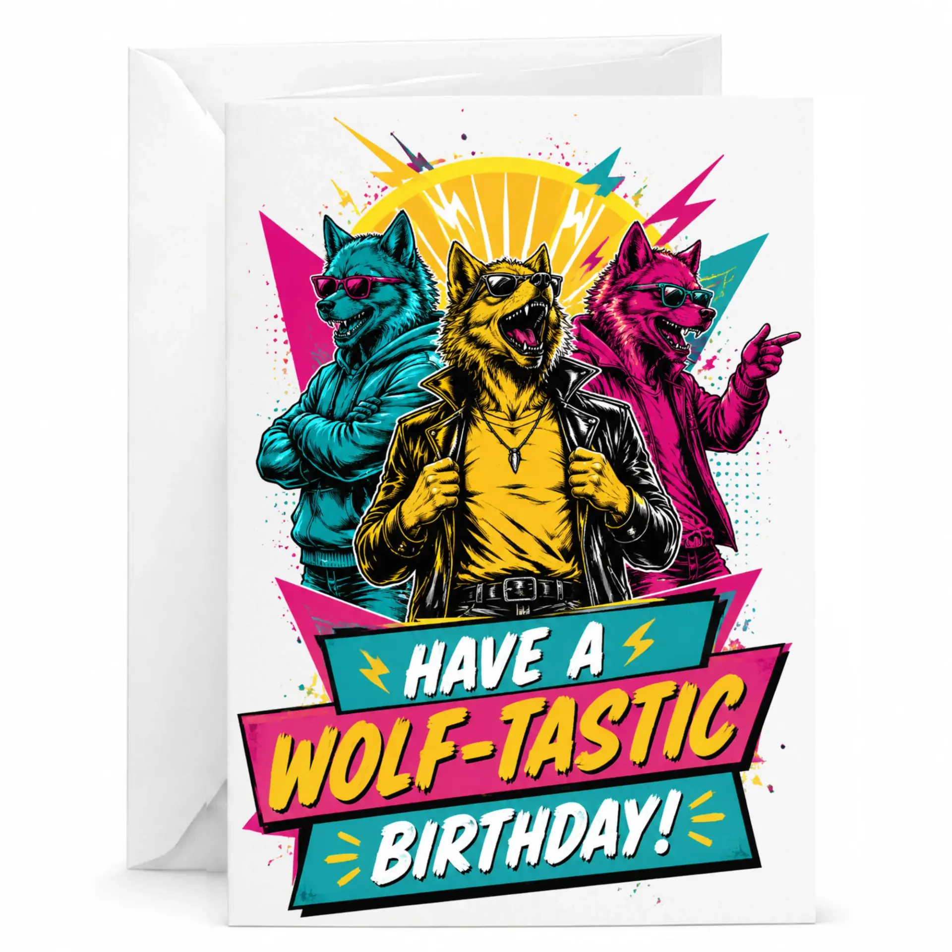 Funny Wolf Birthday Card Retro 80s Style Greeting for Friends and Family with Matching White Envelope 5x7 Inches