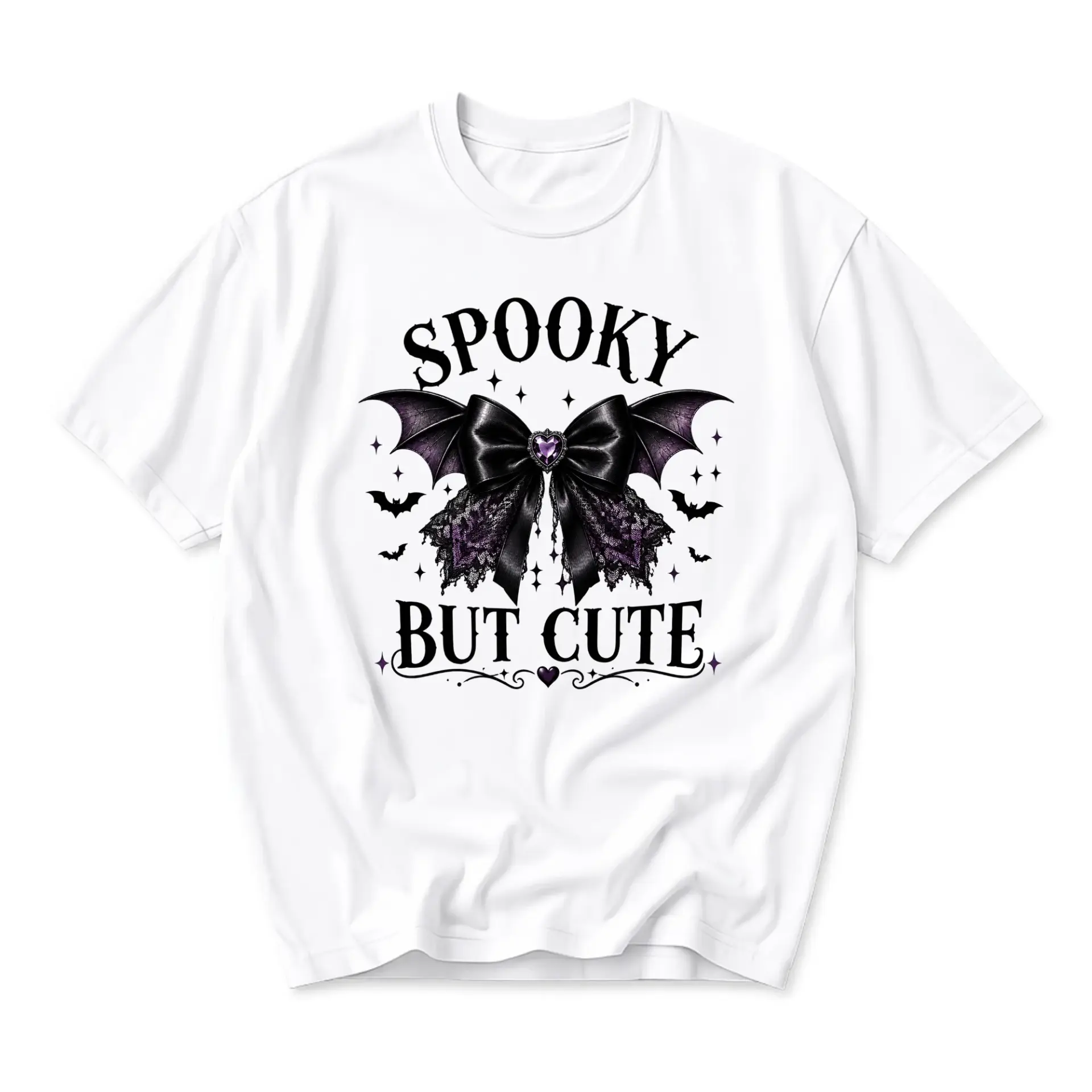 Funny Shirt Spooky but Cute Graphic Tee Aesthetic Bat Bow Unisex Crew Neck Casual Cotton Blend Short Sleeve Apparel