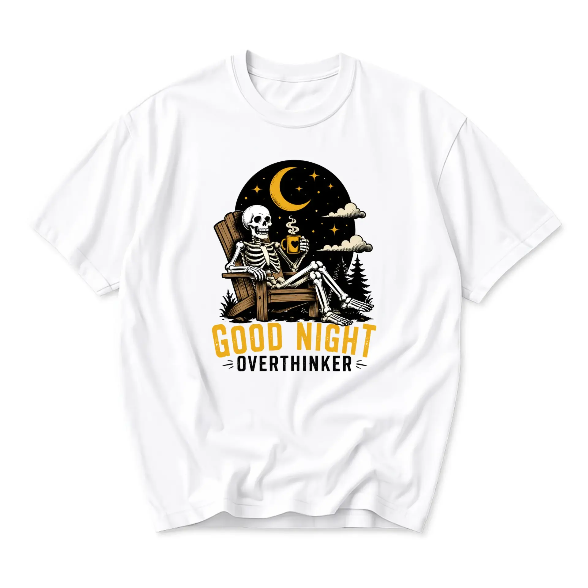 Graphic Tee Good Night Overthinker Skeleton Relaxing on Chair Unisex Casual Crew Neck Comfortable Cotton Shirt