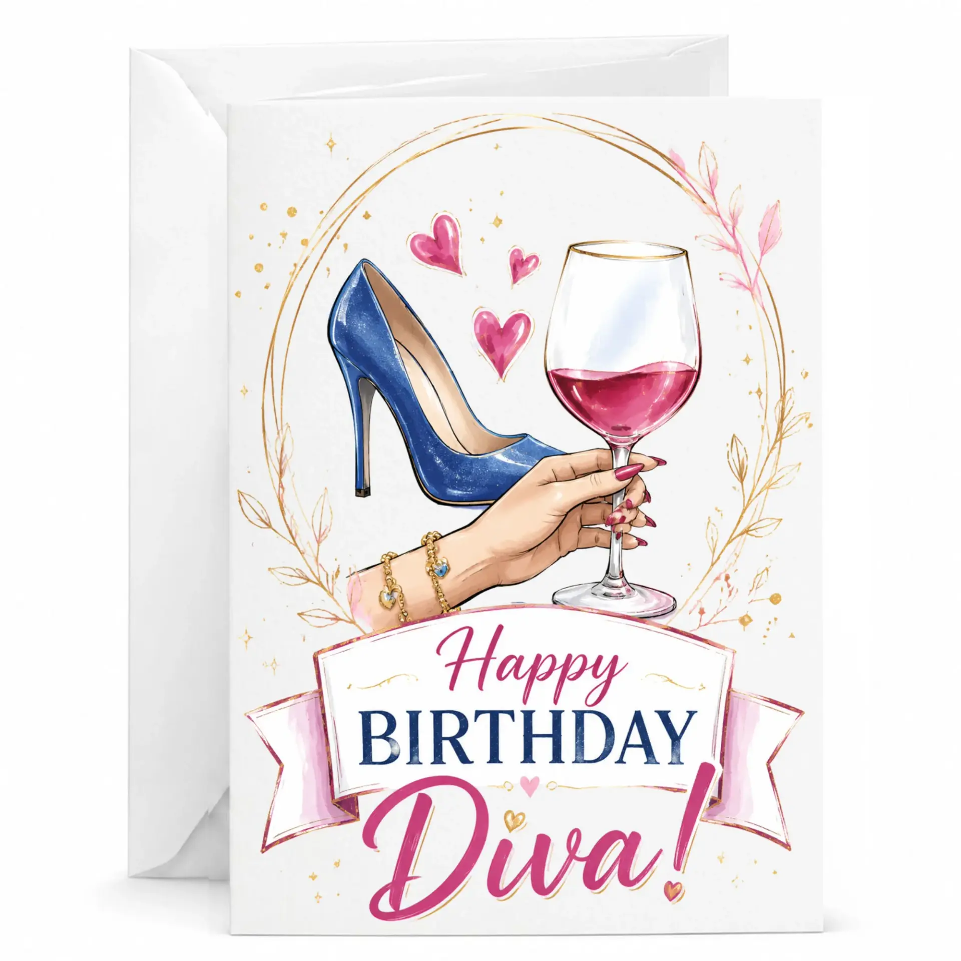 Birthday Card for Her Fashionable High Heel and Wine Glass Design Premium Greeting Card with White Envelope