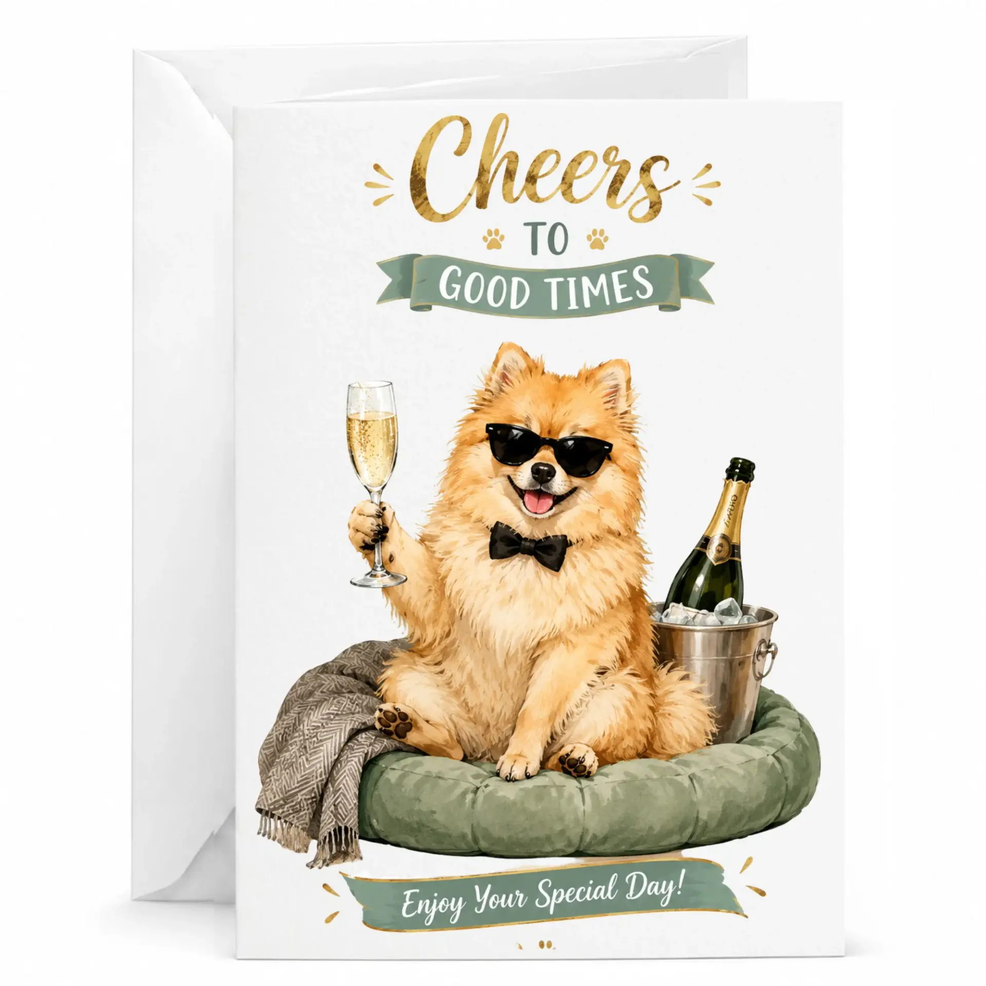 Funny Dog Birthday Card Celebrating with Champagne Featuring a Pomeranian Wearing Sunglasses and Bow Tie