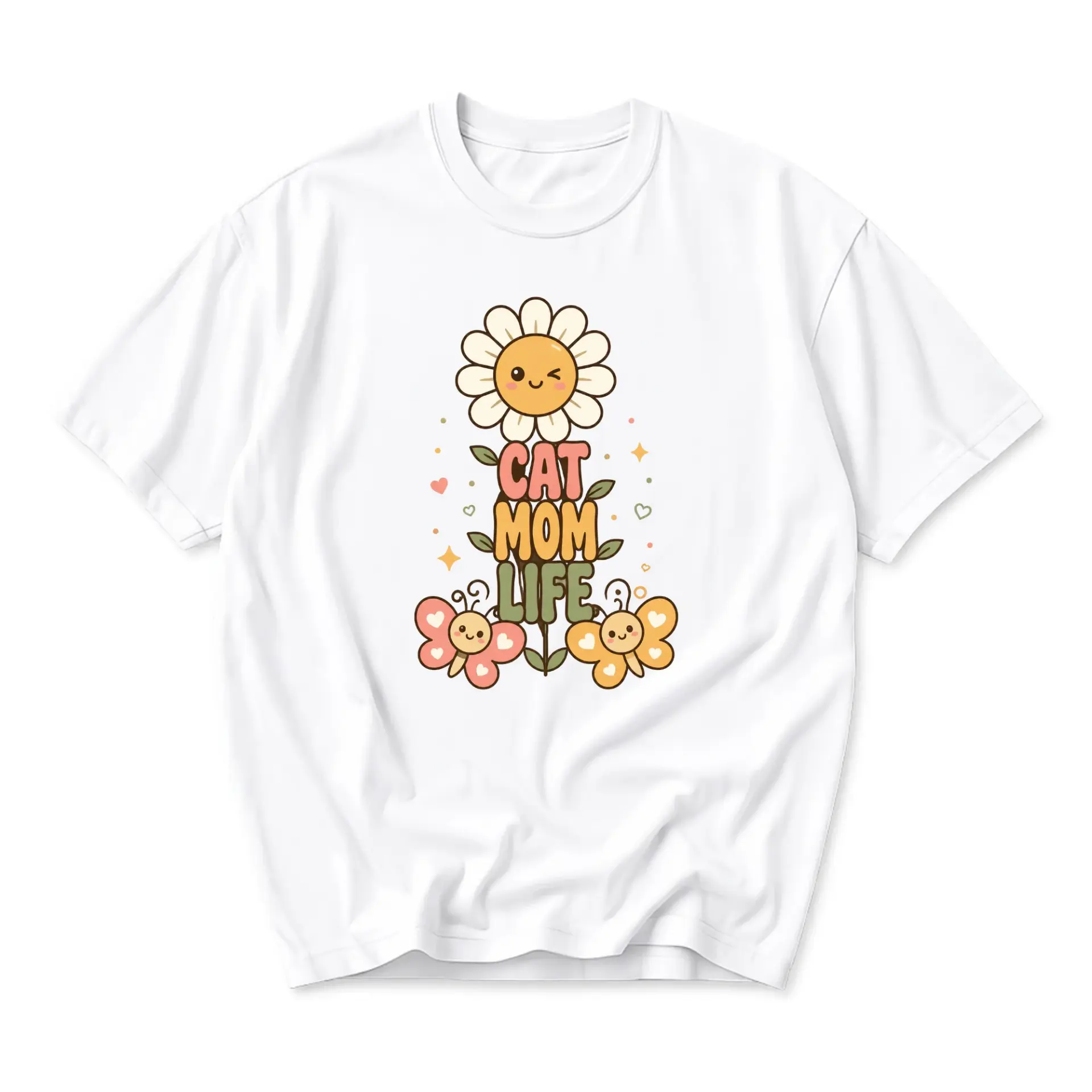 Graphic Tee Cat Mom Life Daisy Flower Butterfly Print Unisex Crew Neck Casual Everyday Short Sleeve Cotton Blend Shirt
