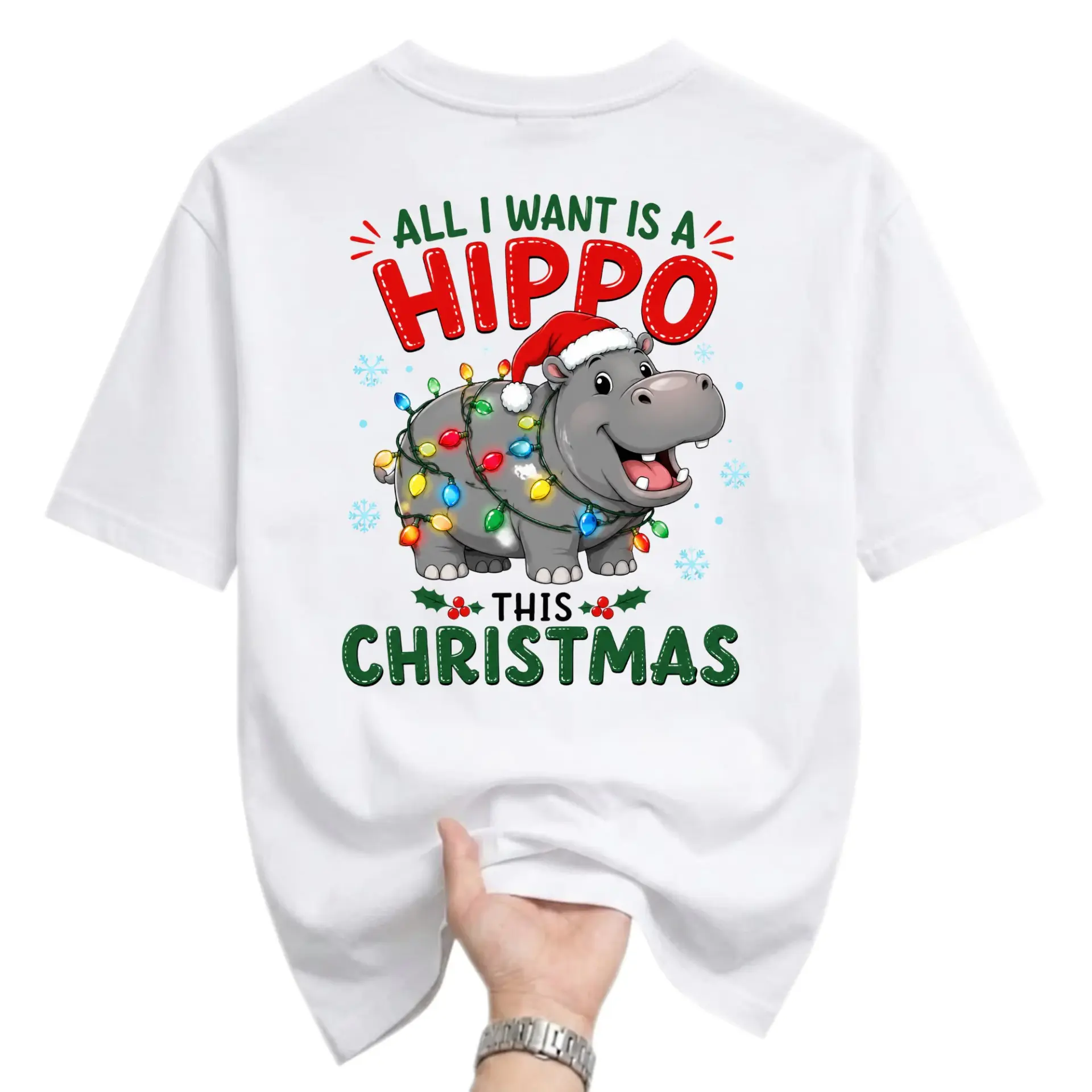 Funny Shirt All I Want Is a Hippo This Christmas Unisex Graphic Printed T-Shirt Holiday Seasonal Crew Neck Tee