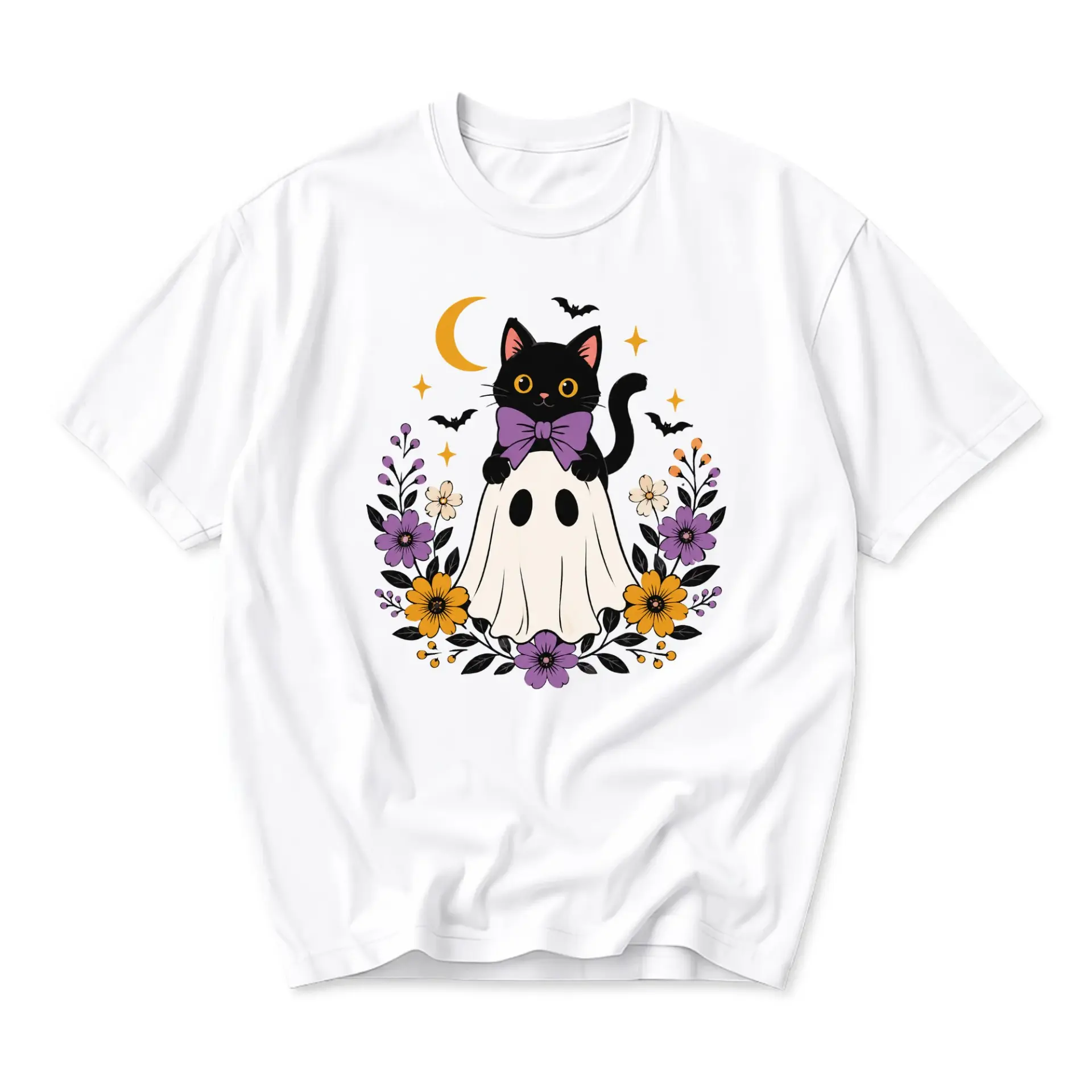 Graphic Tee Black Cat Wearing Ghost Costume Shirt Cute Floral Moon Celestial Aesthetic Unisex Crew Neck Casual Top
