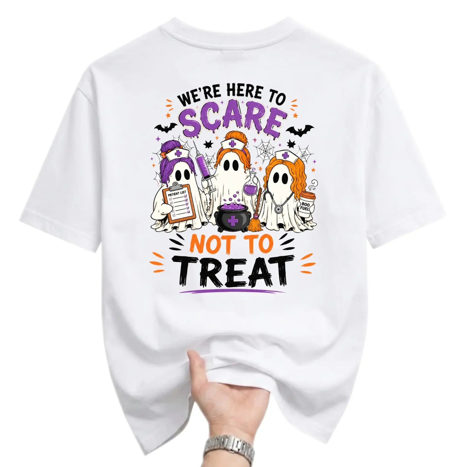 Funny Shirt We Are Here to Scare Not to Treat Halloween Ghost Nurse Graphic Printed Unisex Crew Neck T-Shirt