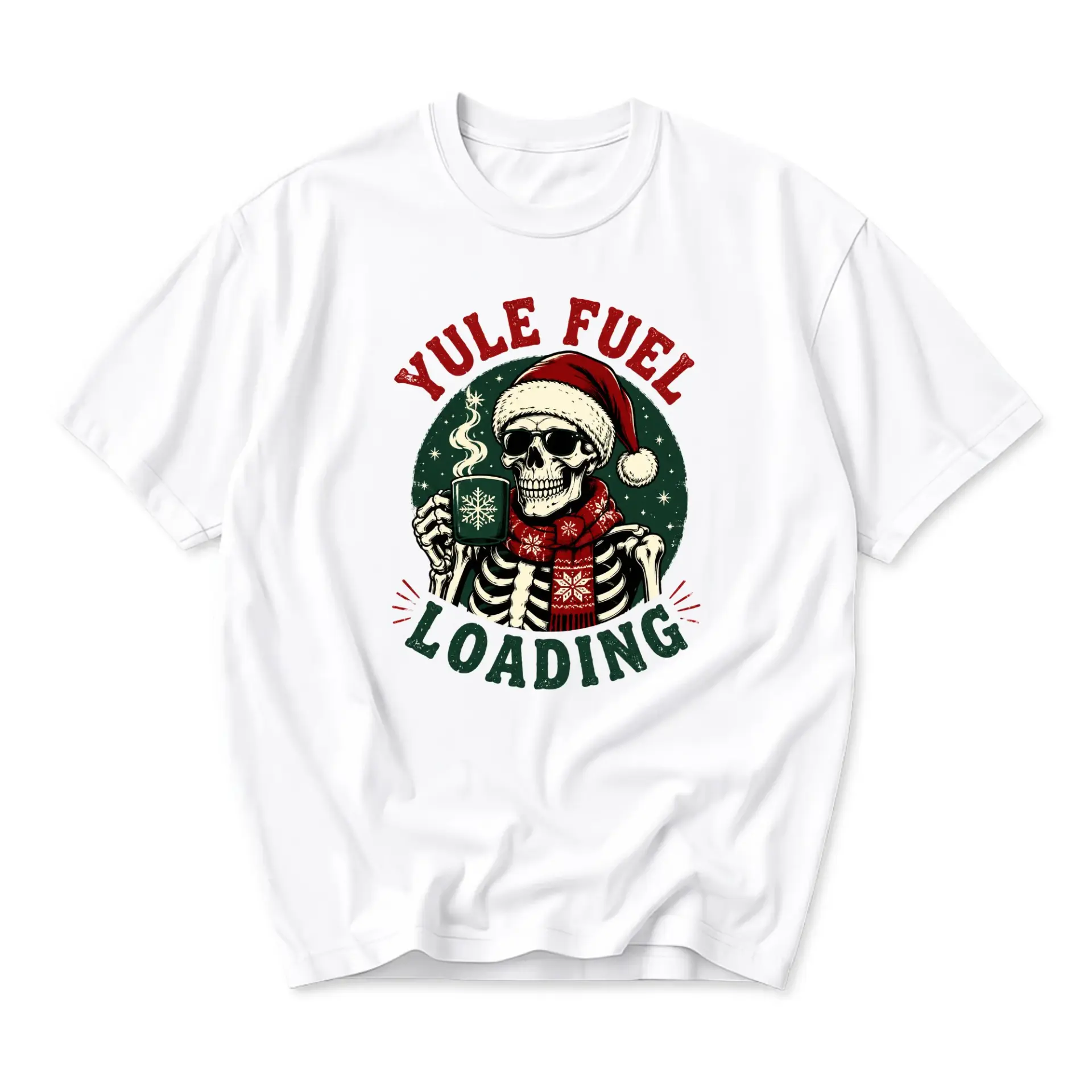 Funny Shirt Yule Fuel Loading Graphic Tee Skeleton Santa Holiday Unisex Casual Crew Neck Soft Cotton Apparel