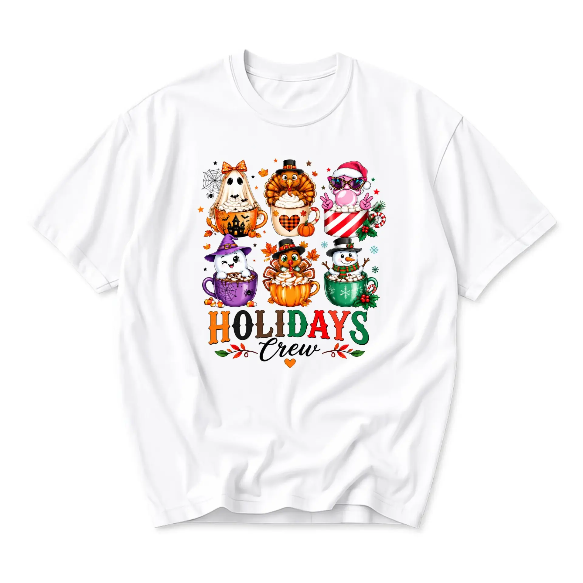 Graphic Tee Holidays Crew Seasonal Characters T-Shirt Featuring Festive Mug Illustration Unisex Casual Crew Neck Top