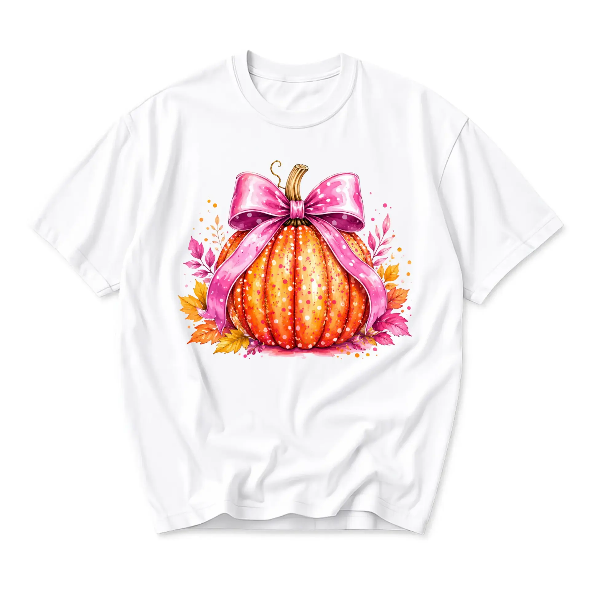 Graphic Tee Pumpkin with Pink Ribbon Illustration Casual Unisex Crew Neck Shirt for Fall Seasonal Fashion Wear