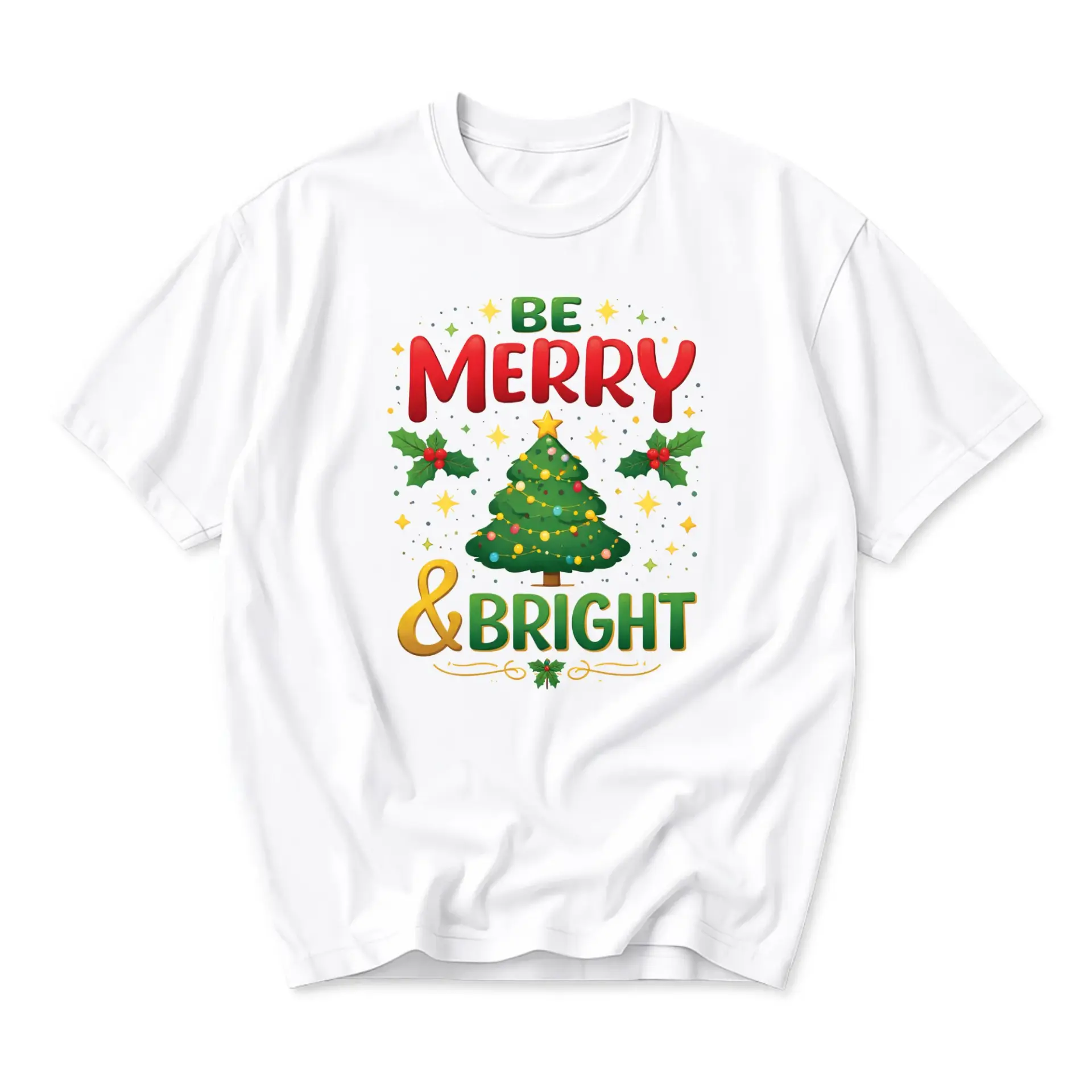 Graphic Tee Be Merry and Bright Holiday Christmas Tree Unisex Crew Neck Casual Everyday Short Sleeve Shirt