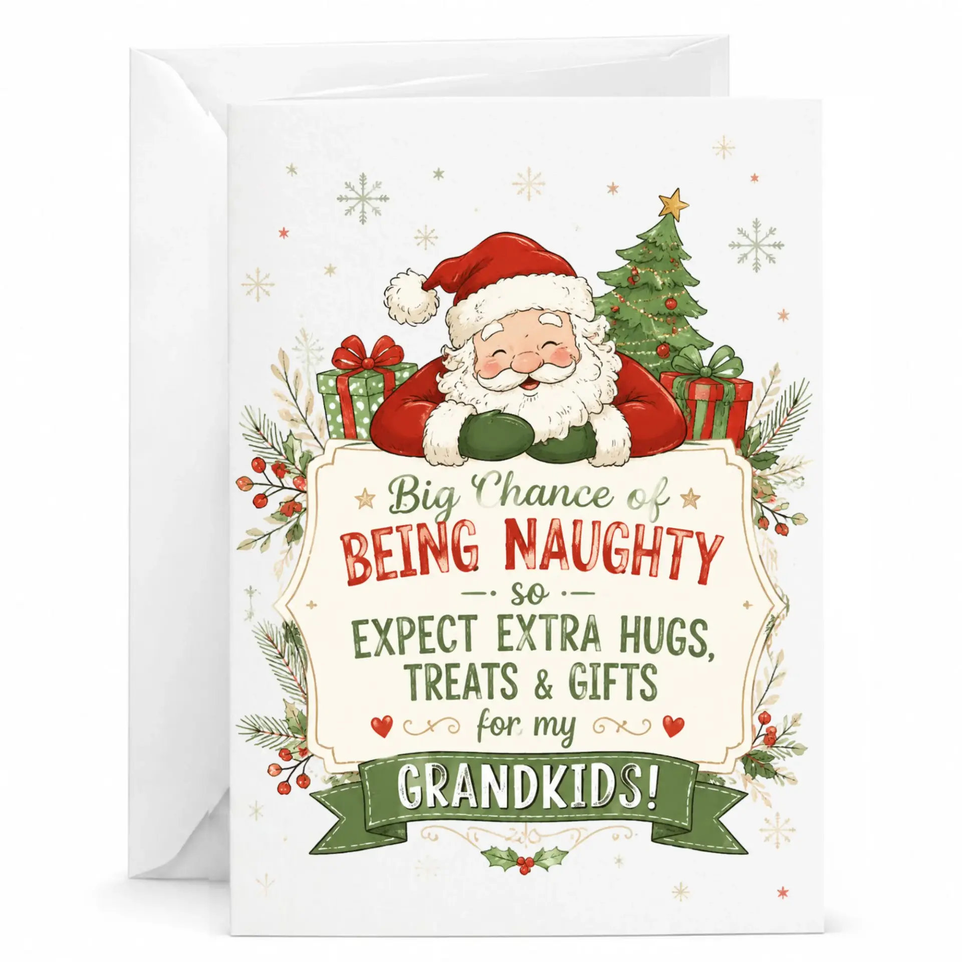 Funny Christmas Greeting Card Big Chance of Being Naughty Festive Holiday Stationery for Grandchildren 5x7 Inches