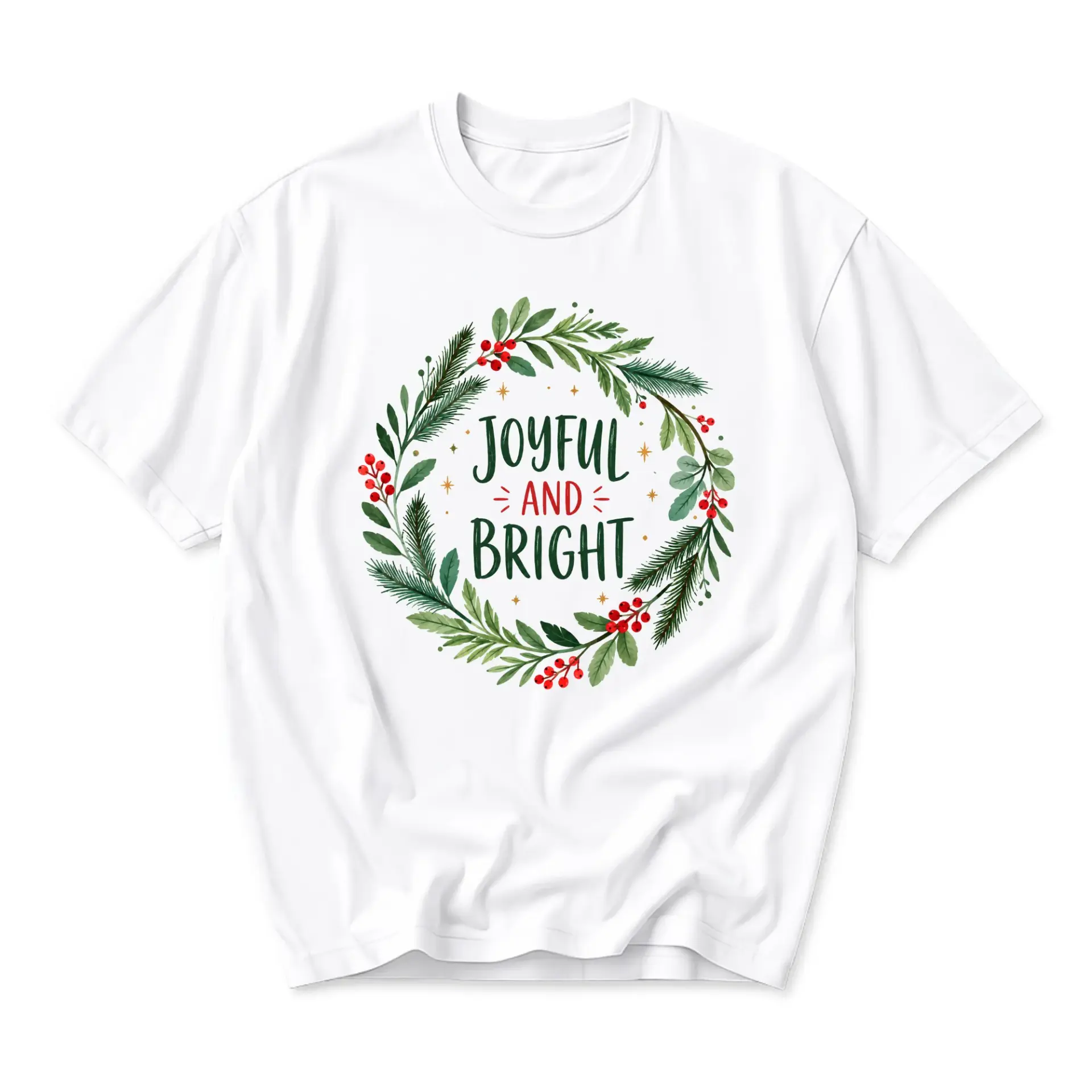 T-shirt Joyful and Bright Holiday Wreath Graphic Unisex Crew Neck Casual
