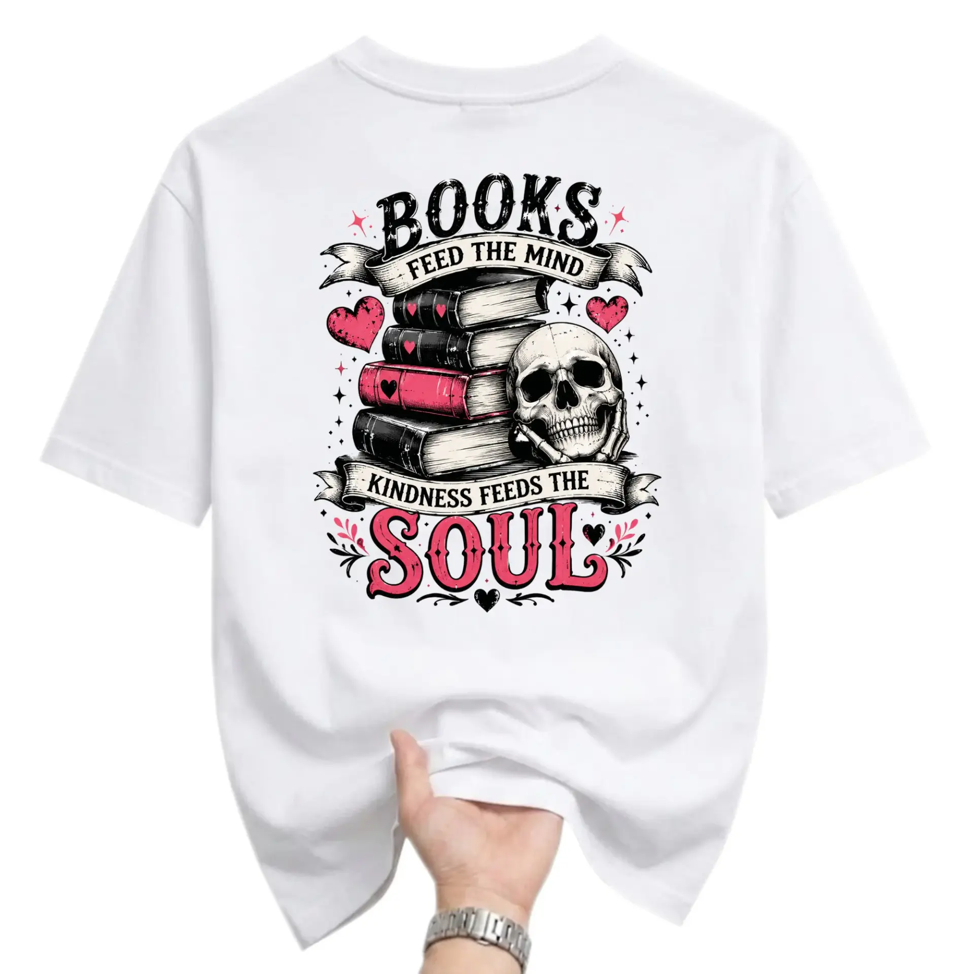 Graphic Tee Books Feed the Mind Kindness Feeds the Soul Unisex Crew Neck T-Shirt for Casual Everyday Wear
