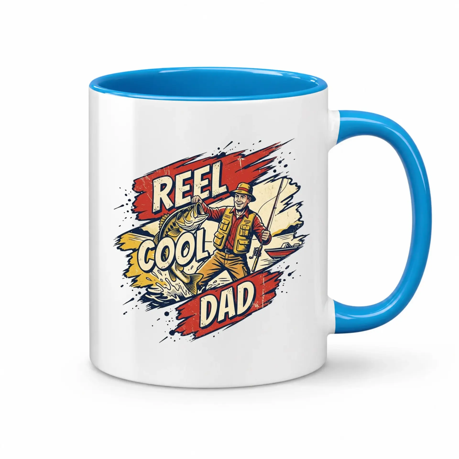 Funny Fishing Theme Ceramic Coffee Mug for Men Featuring Reel Cool Dad Graphic Design with Blue Handle and Rim
