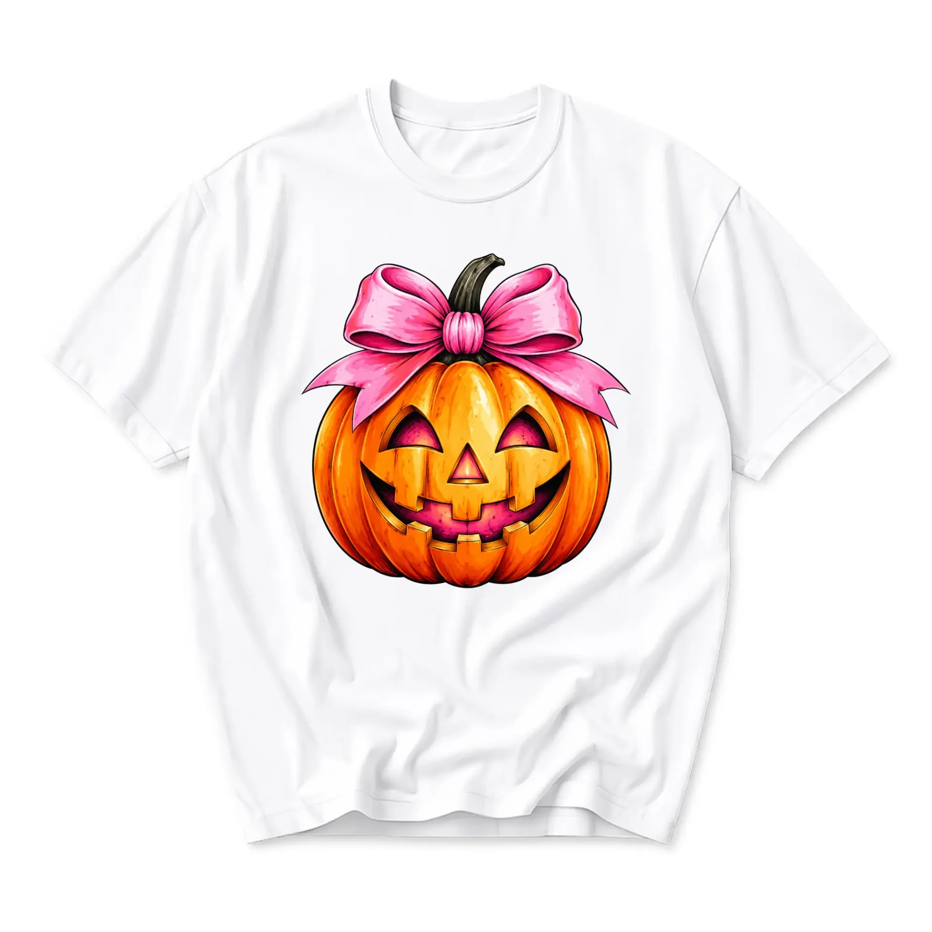 Funny Shirt Cute Pumpkin with Pink Bow Graphic Tee Autumn Seasonal Casual Short Sleeve Unisex Crew Neck Apparel