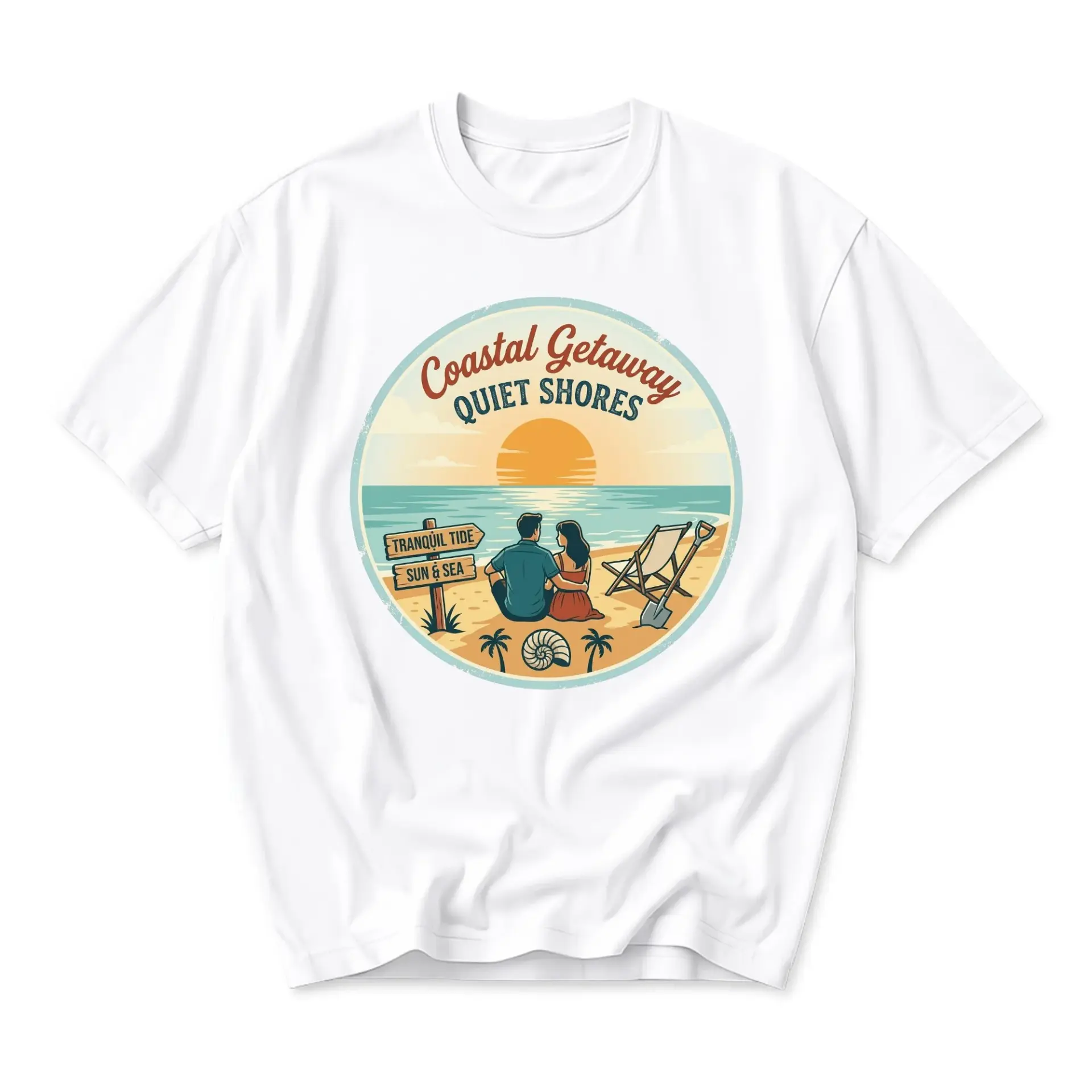 Graphic Tee Coastal Getaway Beach Sunset Illustration Unisex Crew Neck Short Sleeve Casual Cotton Blend Shirt