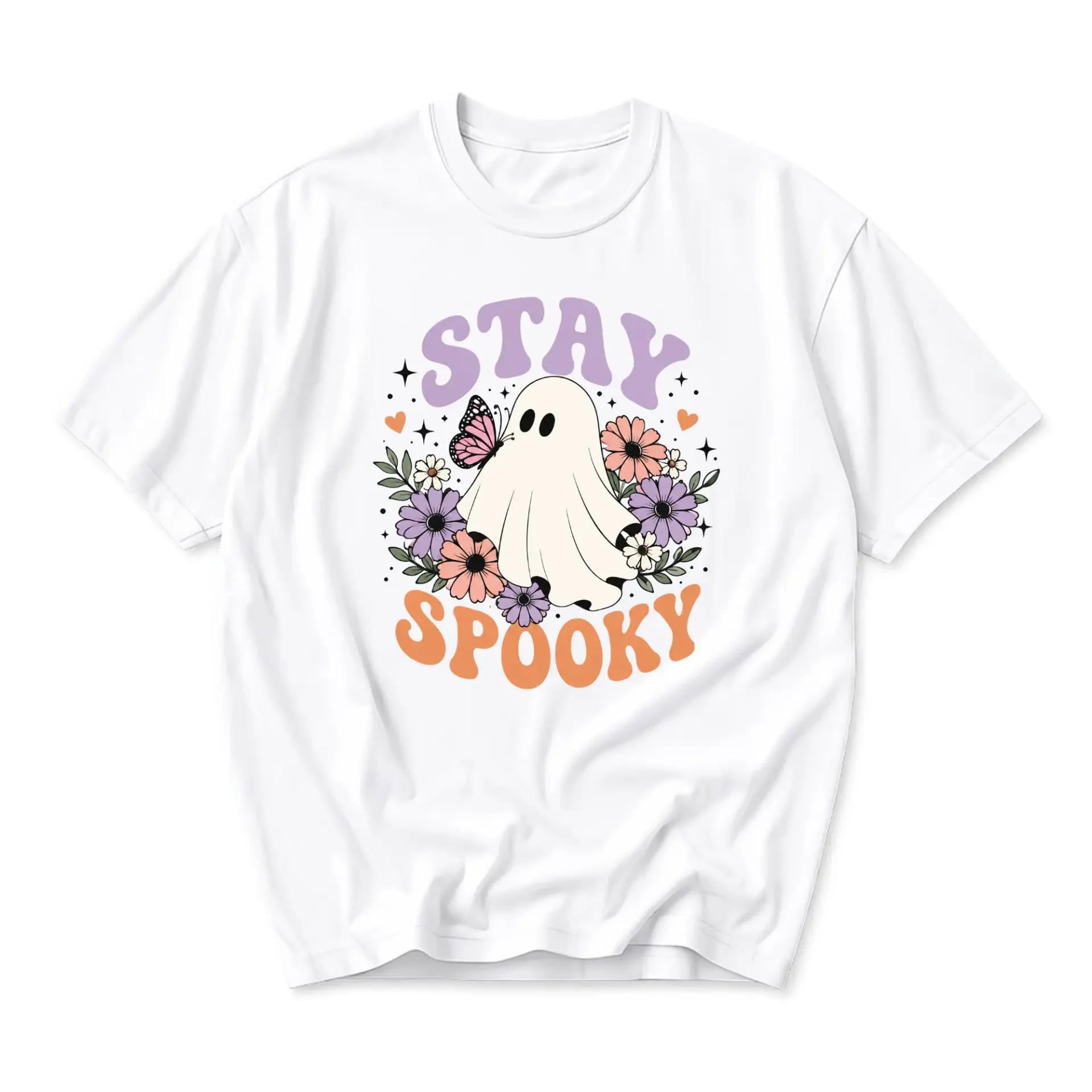 Graphic Tee Stay Spooky Ghost Floral Butterfly Print Unisex Crew Neck Shirt for Casual Everyday Wear and Self Expression