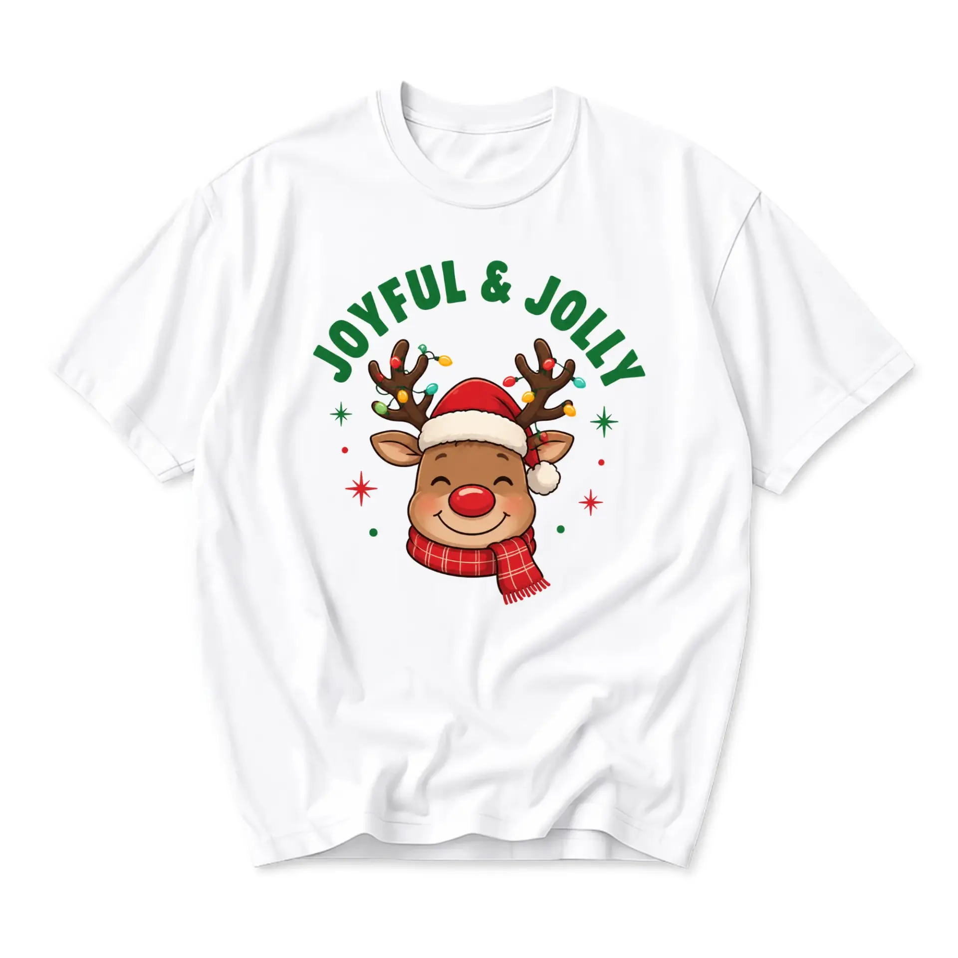 Graphic Tee Joyful and Jolly Reindeer Print Unisex Crew Neck Holiday Cotton Short Sleeve Casual Everyday T-Shirt