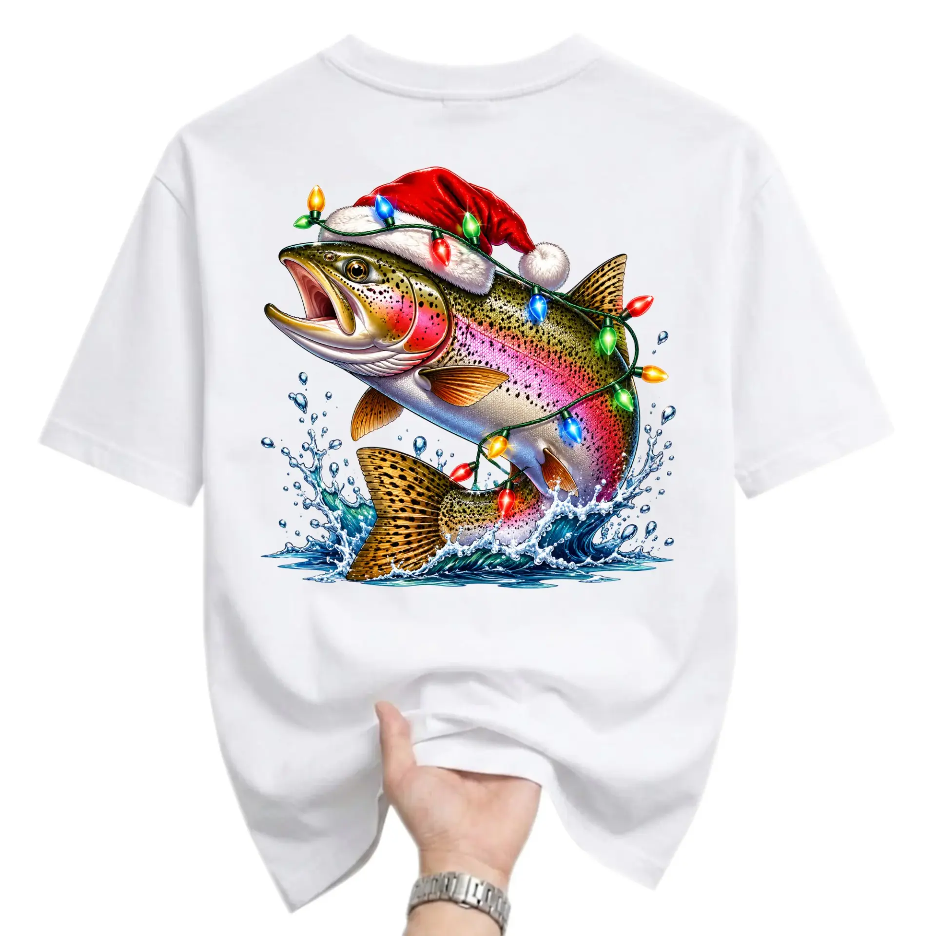 Graphic Tee Christmas Fishing Shirt Featuring a Festive Rainbow Trout Wearing a Santa Hat with Colorful Holiday Lights