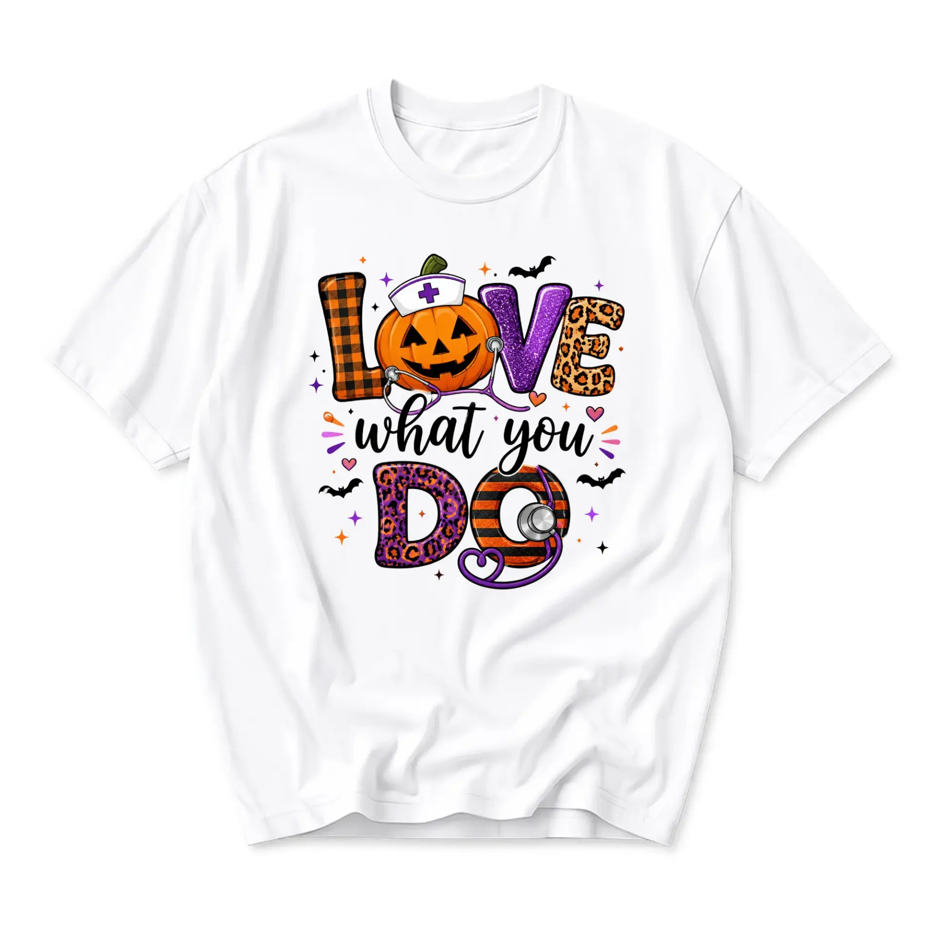 Graphic Tee Love What You Do Halloween Pumpkin Stethoscope Nurse Design Unisex Casual Short Sleeve Crew Neck T-Shirt