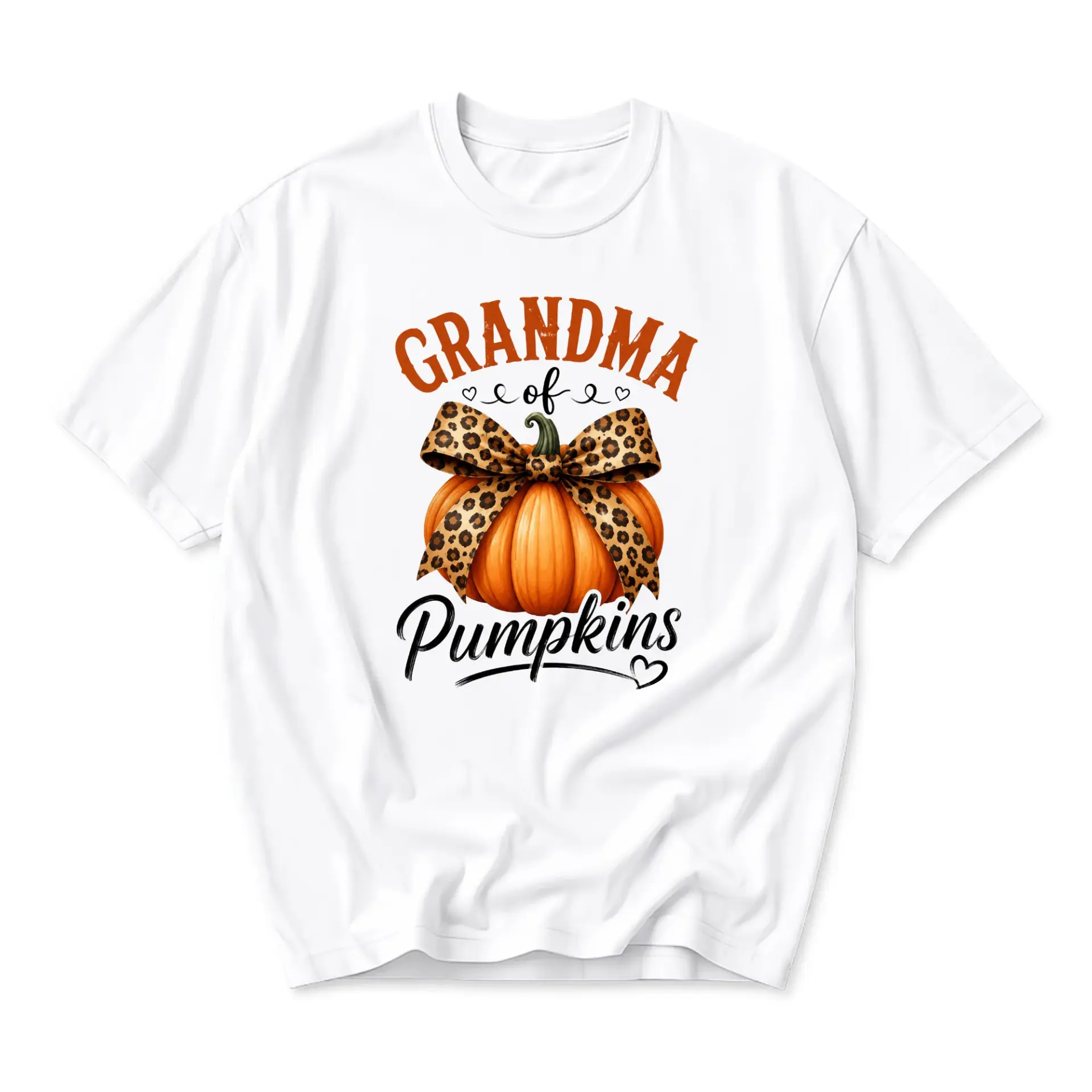 Graphic Tee Grandma of Pumpkins Shirt Autumn Fall Pumpkin Leopard Print Bow Design Unisex Casual Short Sleeve Top