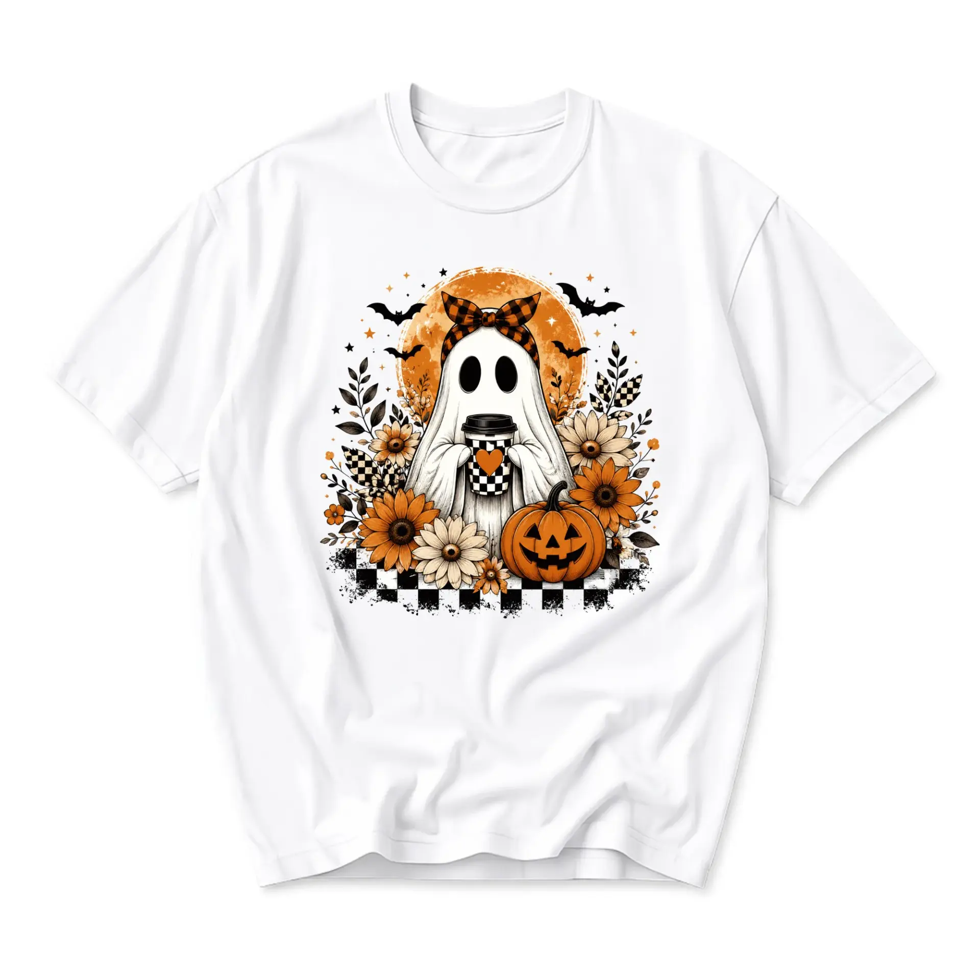 Graphic Tee Unisex Ghost with Pumpkin and Coffee Cup Fall Aesthetic Seasonal Autumn Print Soft Casual Short Sleeve Shirt
