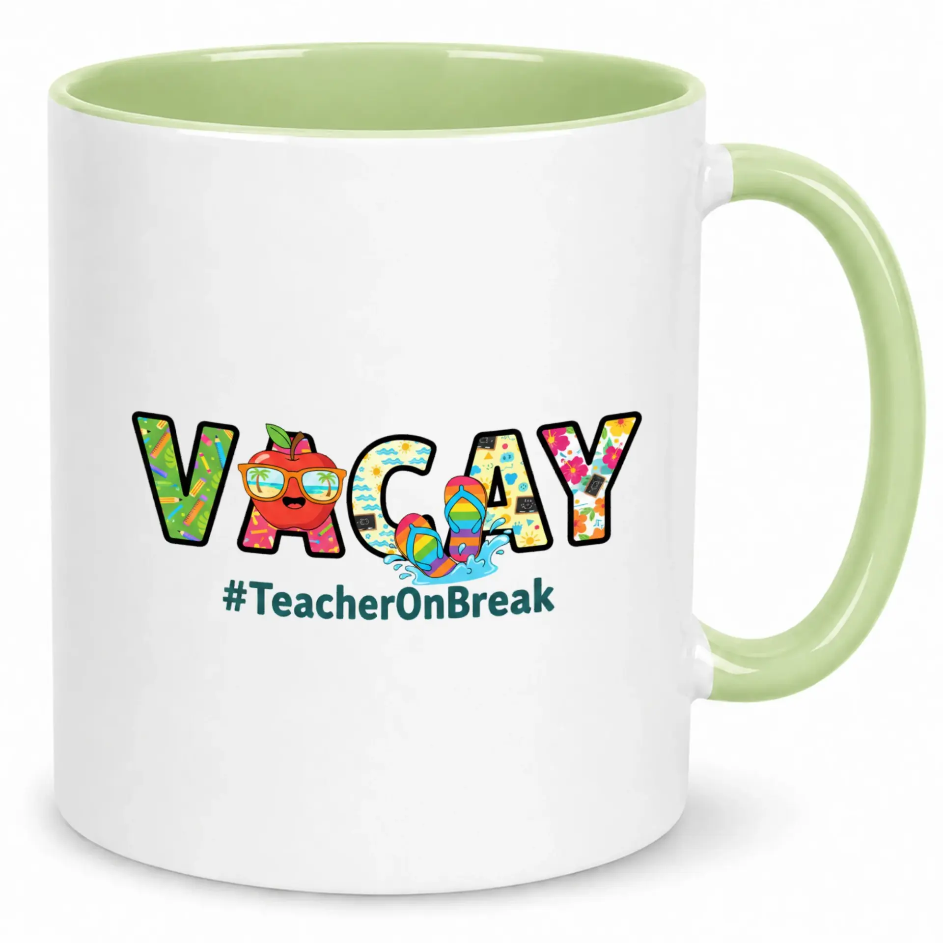 Funny Teacher Appreciation Ceramic Coffee Mug, Vacation Themed Drinkware for Educators, 11oz or 15oz Capacity Beverage Cup with Green Handle