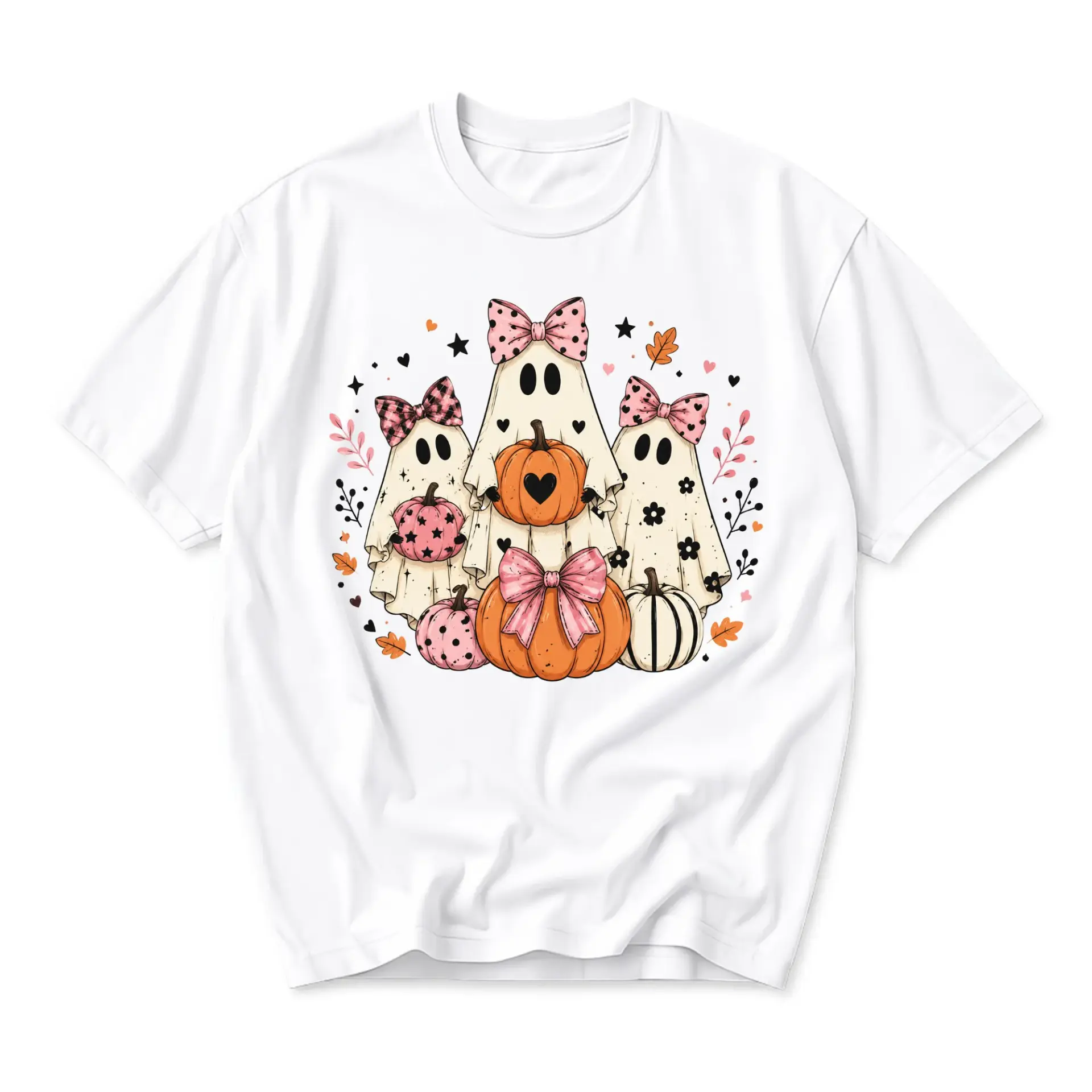 Graphic Tee Cute Ghosts with Pumpkins and Bows Aesthetic Autumn Fall Seasonal Print Unisex Crew Neck T-Shirt White