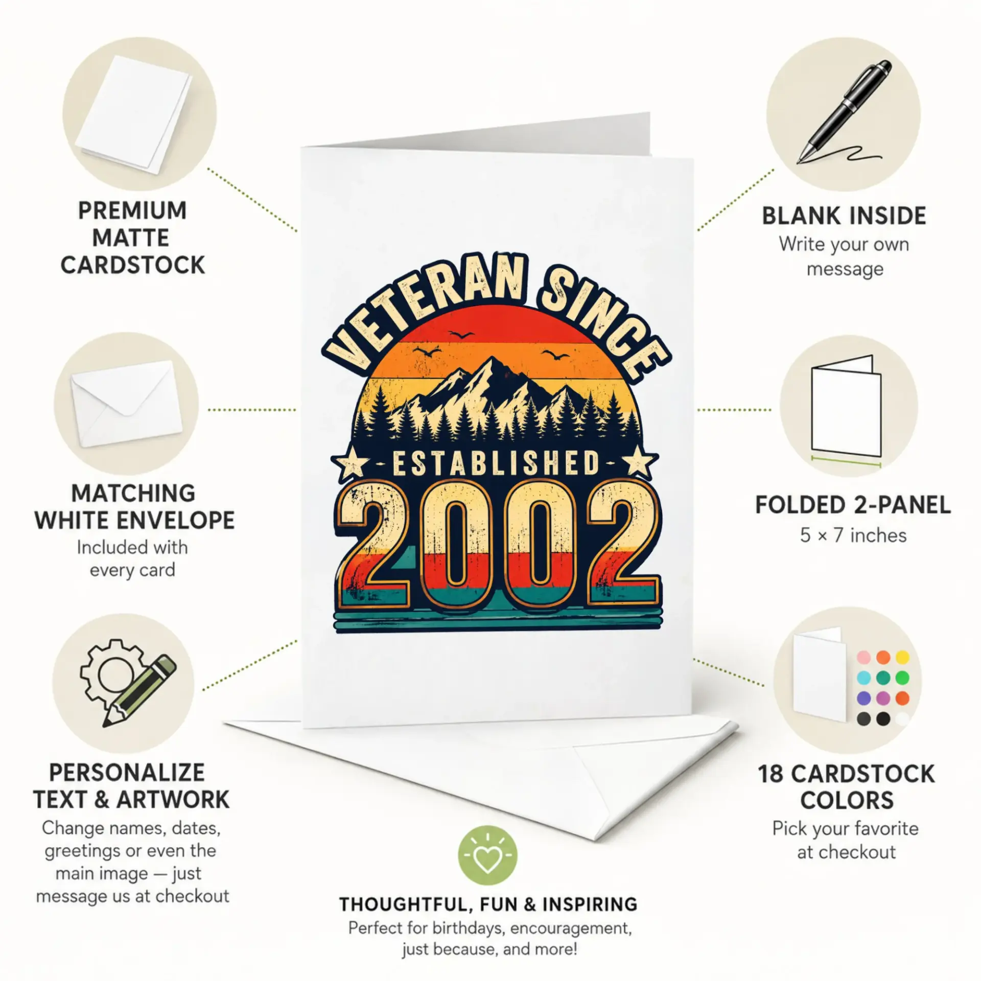 Greeting Card Veteran Since Established 2002 Retro Vintage Mountain Sunset Design for Proud Service Members