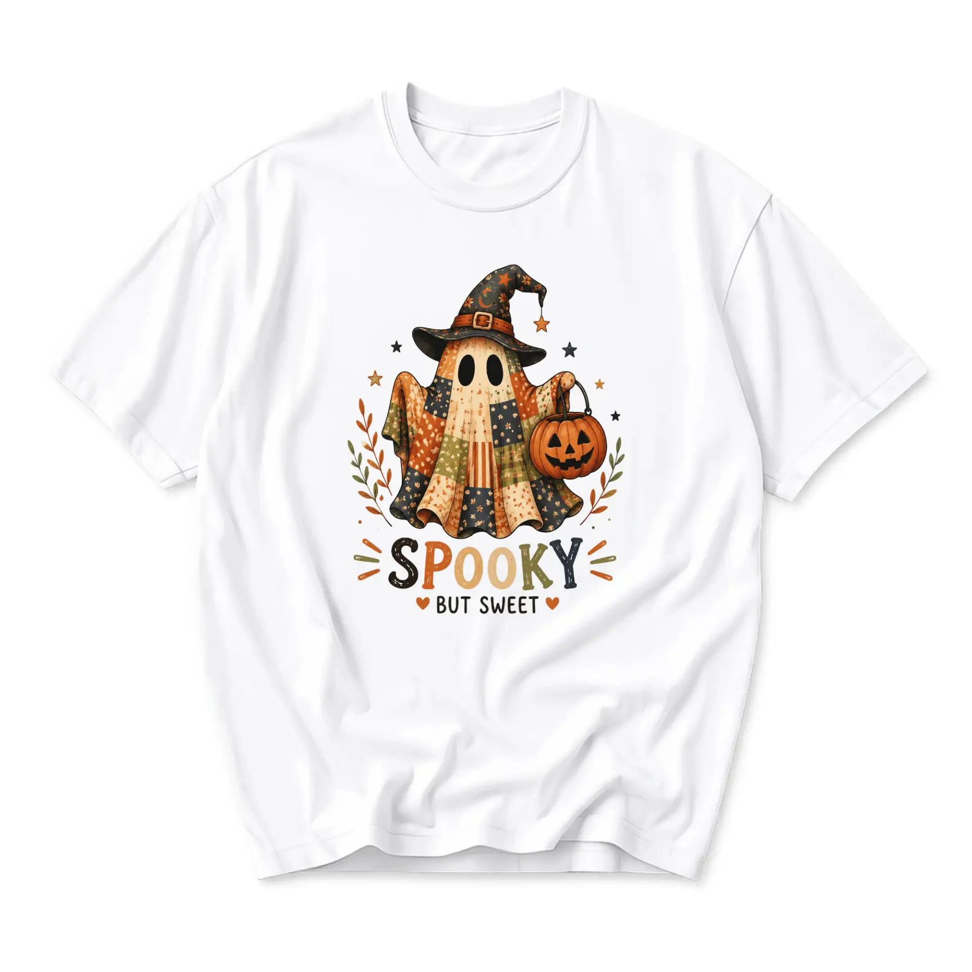 Graphic Tee Spooky but Sweet Ghost Pumpkin Fall Season Unisex Crew Neck T-Shirt for Casual Autumn Style Apparel